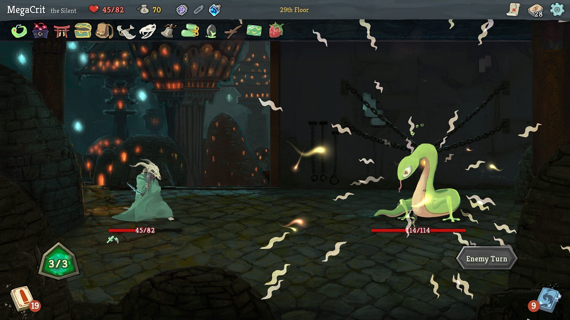 A battle in Slay the Spire (image via Mega Crit)