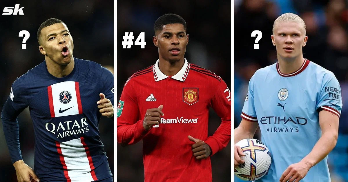 Kylian Mbappe (left), Marcus Rashford (center) and Erling Haaland (right)