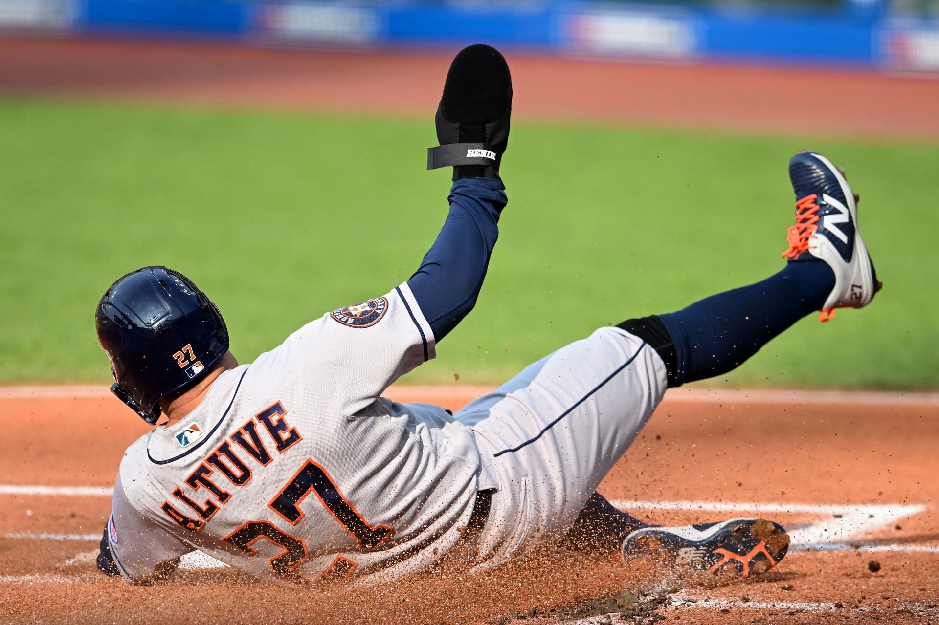Jos&eacute; Altuve #27 of the Houston Astros scores on a double hit by Alex Bregman during the first inning against the Cleveland Guardians at Progressive Field on June 10, 2023 in Cleveland, Ohio. (Photo by Nick Cammett/Getty Images)