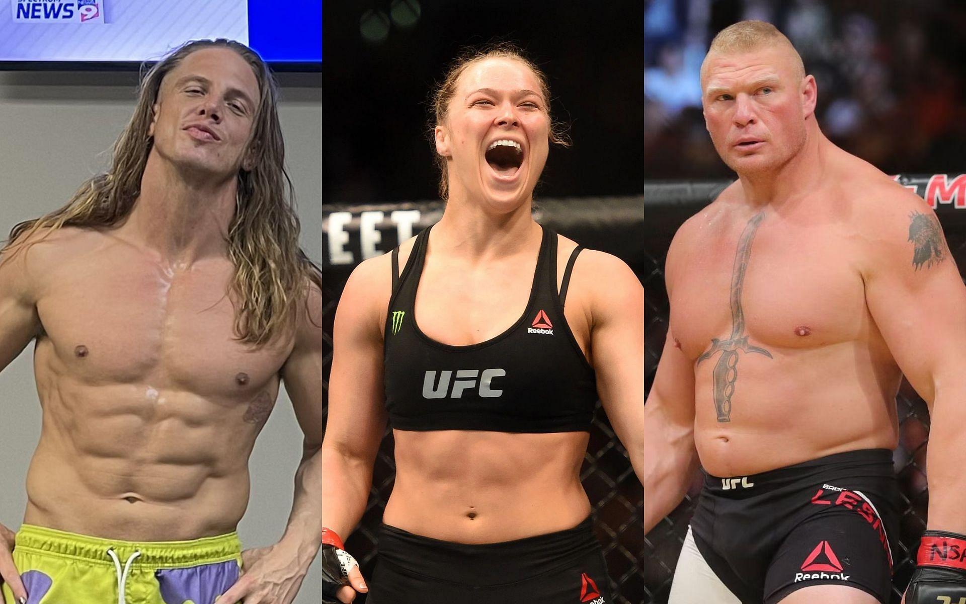 Matt Riddle (left), Ronda Rousey (centre), Brock Lesnar (right) [Image Credit: Getty and Twitter.com/SuperKingofBros]