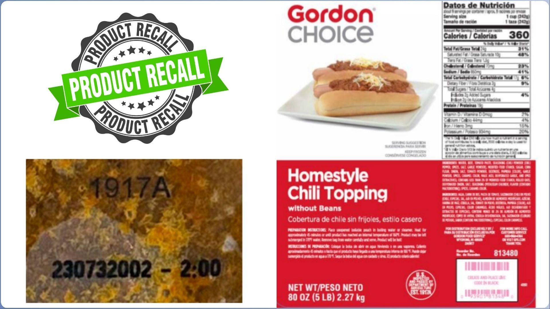J.T.M. Provisions Company recalls Gordon Choice Homestyle Chili Topping product over undeclared soy allergen concerns (Image via FSIS)