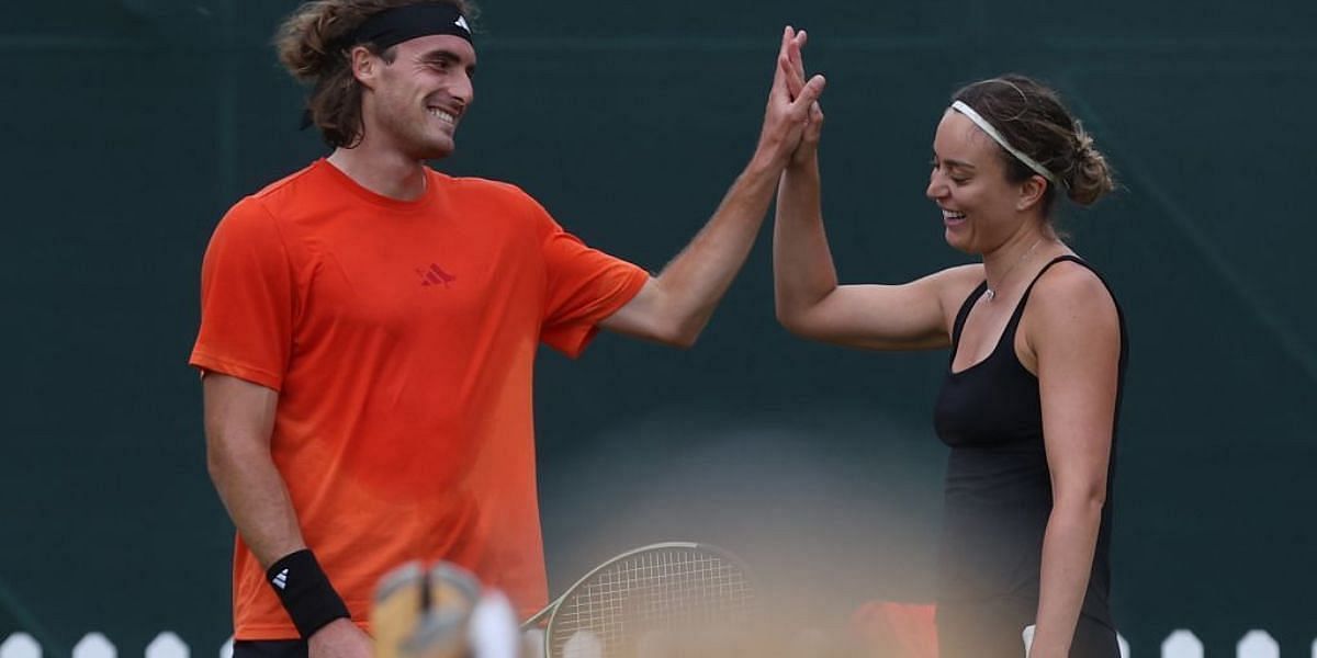 Stefanos Tsitsipas and Paula Badosa in a practice session at Wimbledon