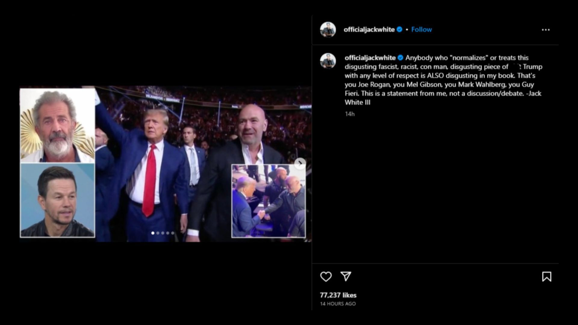 Screenshot of Jack White&#039;s Instagram post calling out the celebrities who met Donald Trump at UFC 290. (Photo via officialjackwhite/Instagram)