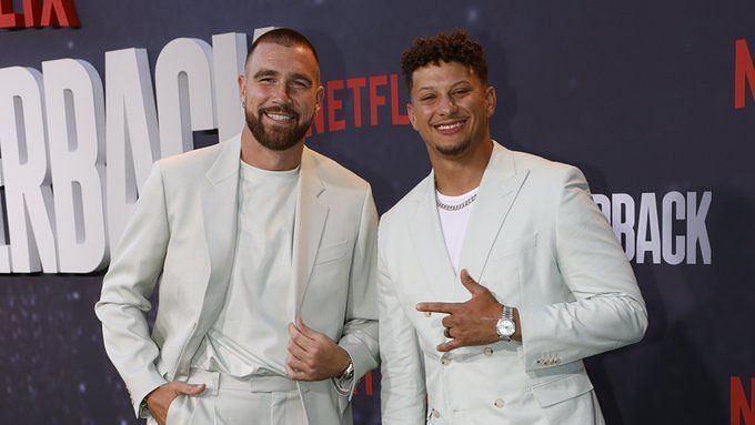 Patrick Mahomes and Travis Kelce Wear Matching Pastel Suits for  'Quarterback' Premiere