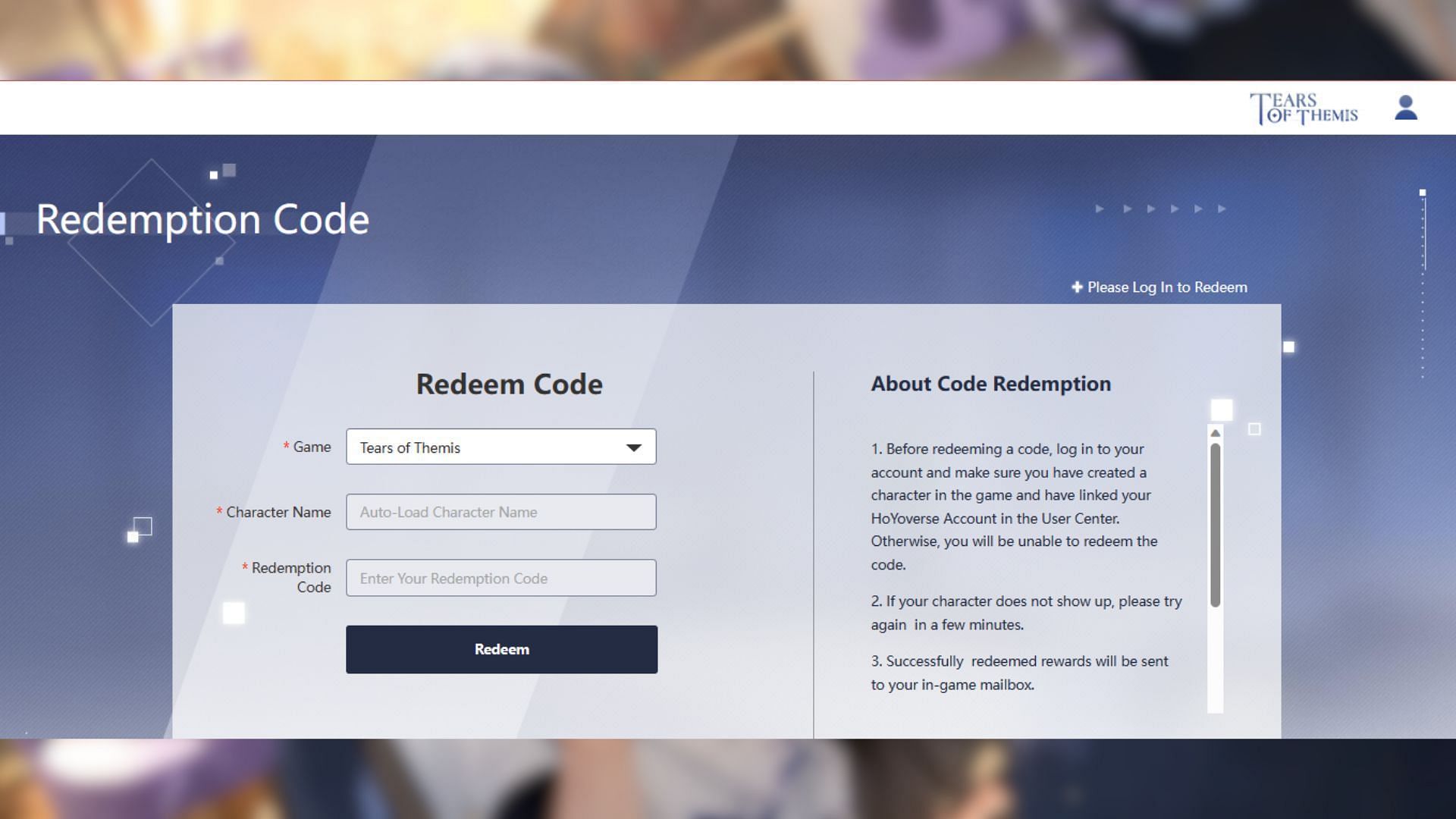 Code redemption page on the title&#039;s official website. (Image via miHoYo)