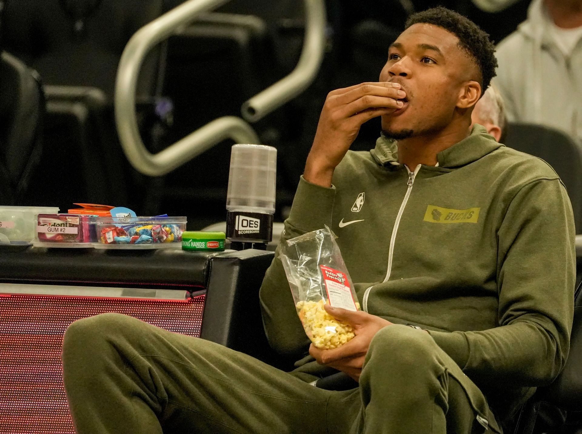 Giannis Antetokounmpo eating Popcorn and Skittles