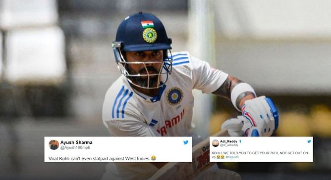 'Can’t even stat pad against West Indies" - Fans react as Virat Kohli scores 76 off 182 in 1st innings of IND vs WI Test opener