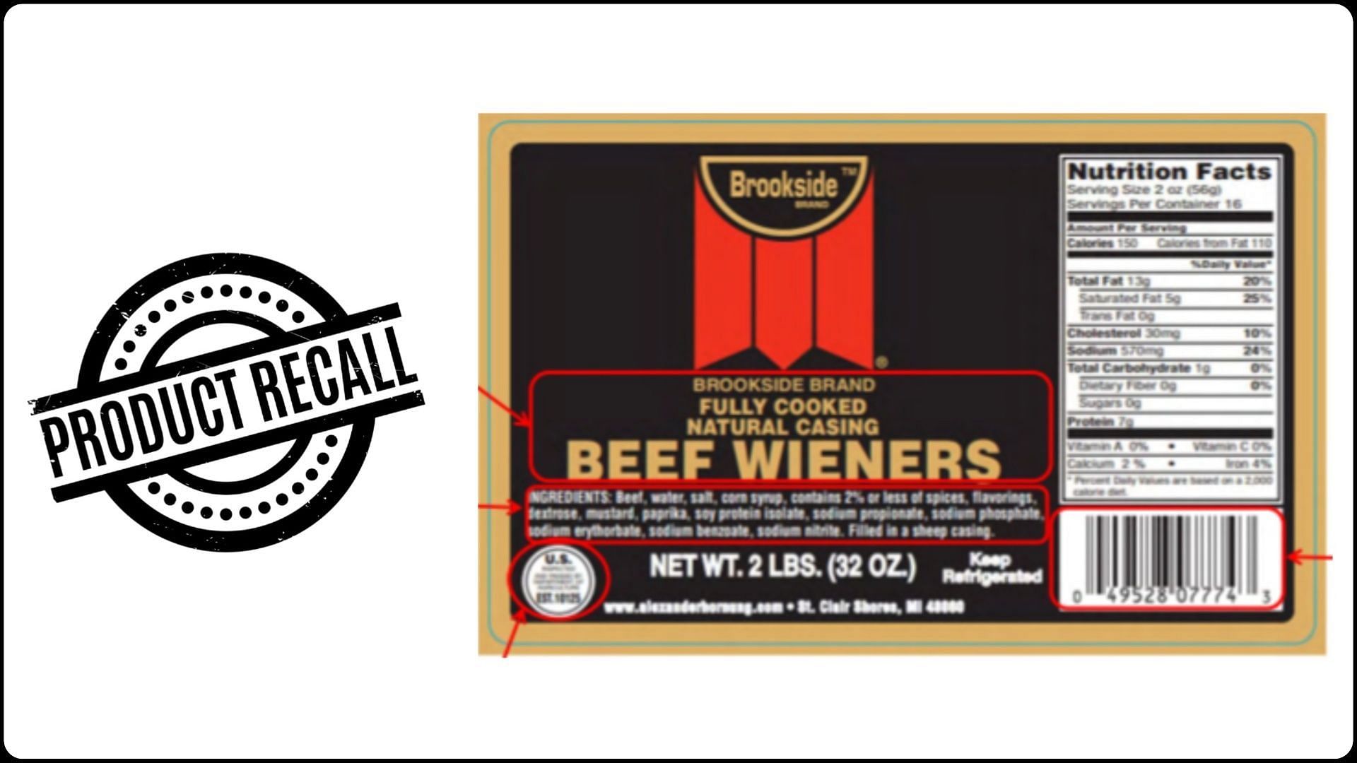 Perdue Premium Meat Company, Inc. recalls Perdue Brookside Beef Wiener products over a misbranding and an undeclared milk allergens concern (Image via FSIS)