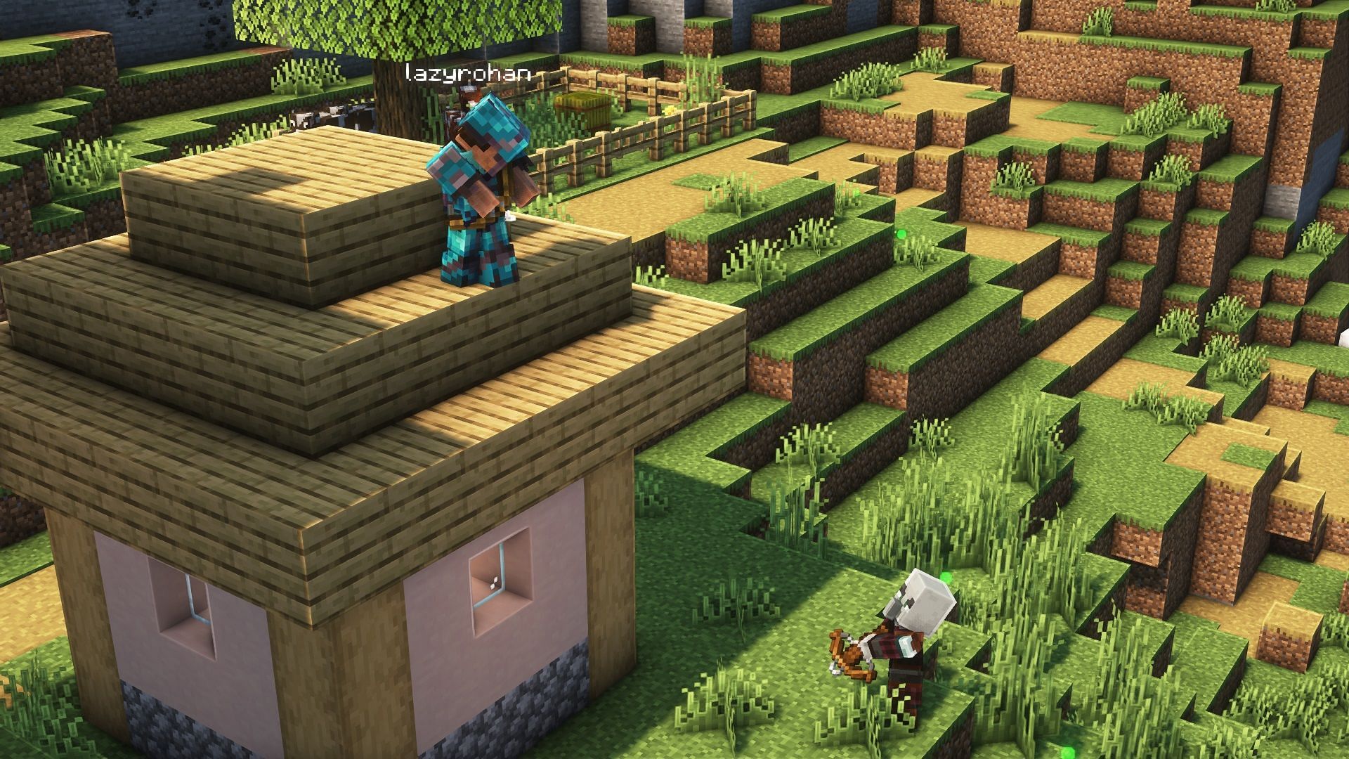 A player fighting a pillager with a bow (Image via Mojang)