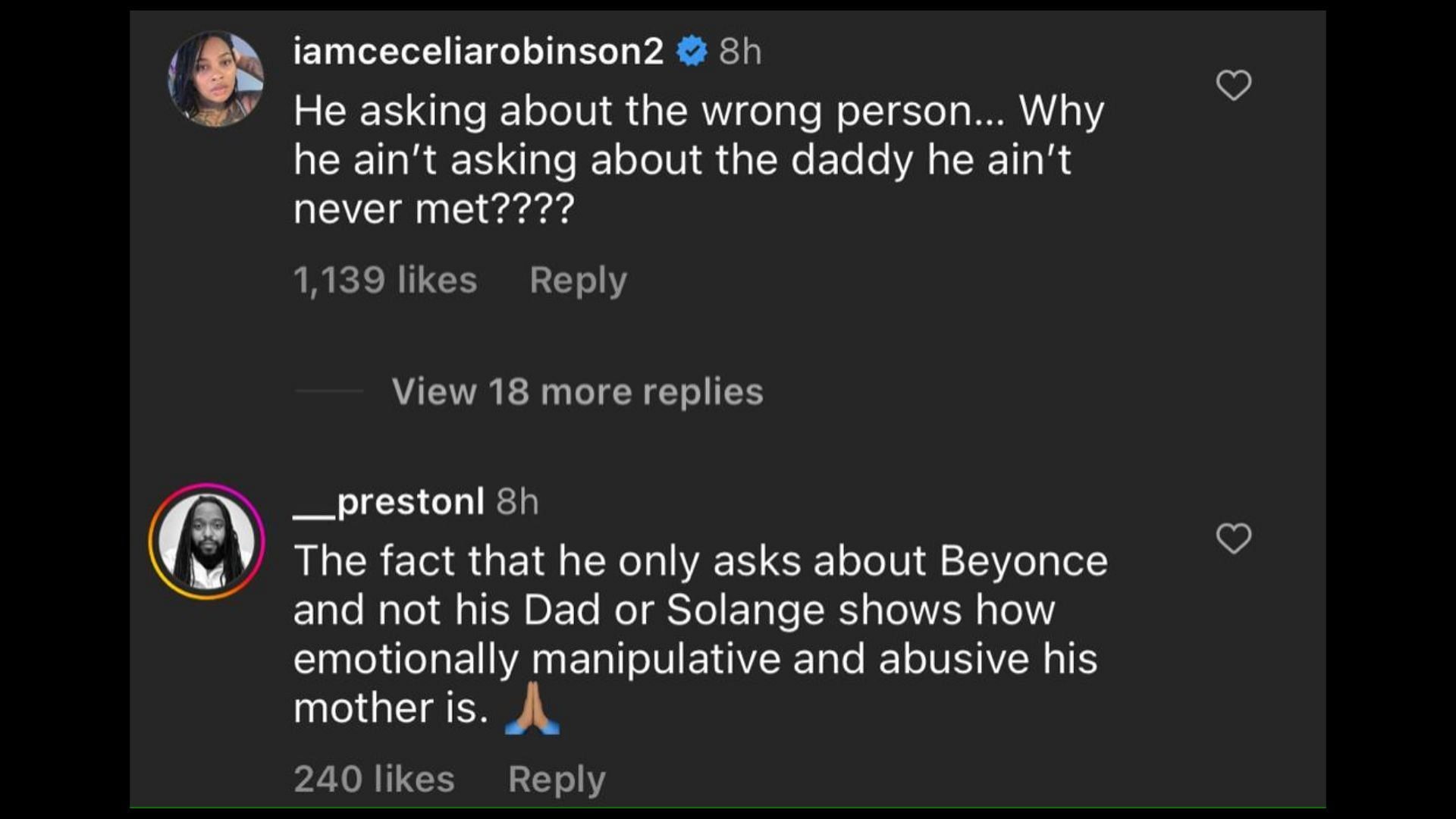 Screenshot of Internet users remarking on Nixon Knowles&#039;s plea for Queen Bey. (Photo via @theneighborhoodtalk/Instagram)