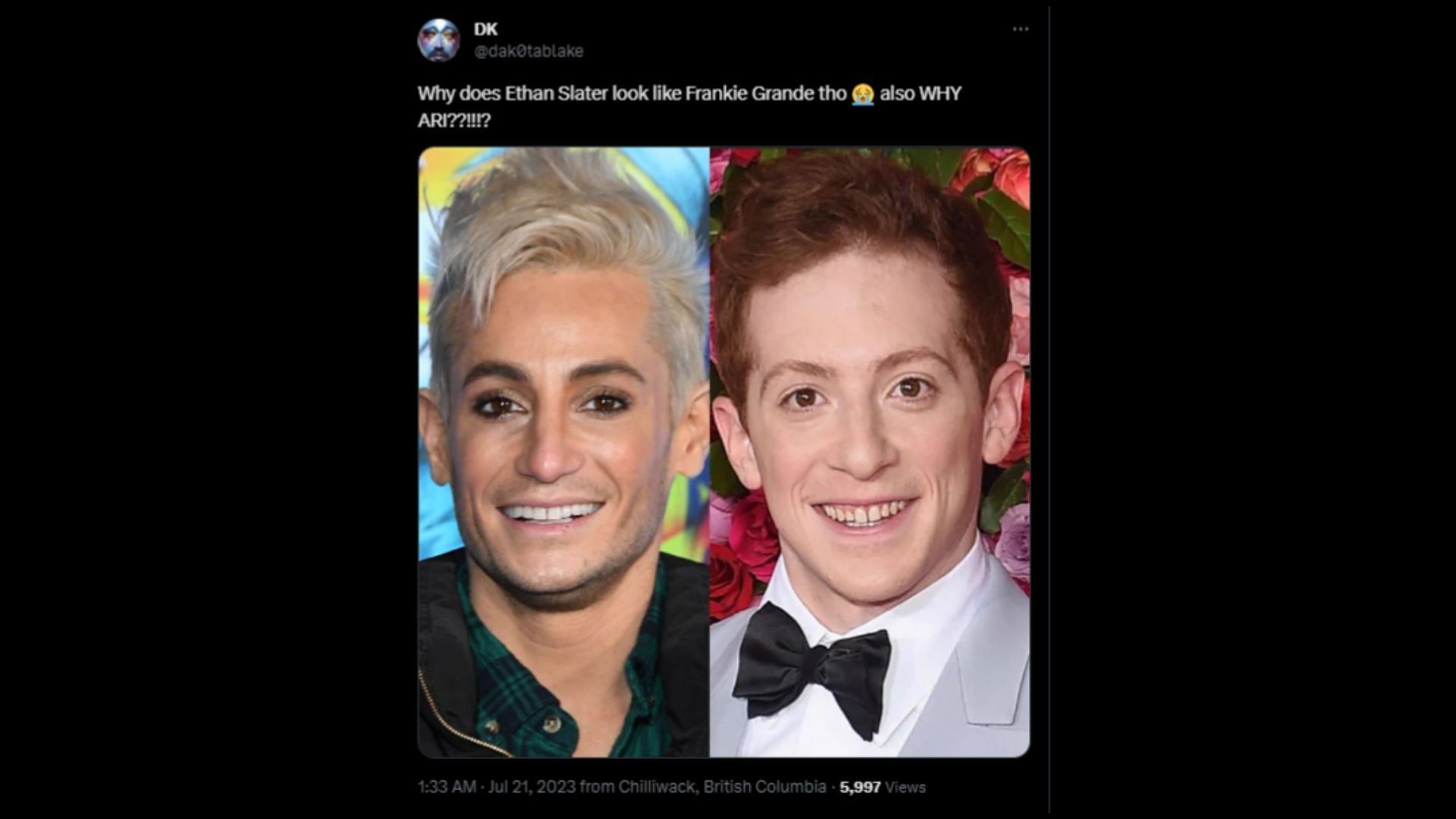 Screenshot of a Twitter user remarking on Slater and Frankie Grande&#039;s physical resemblance.