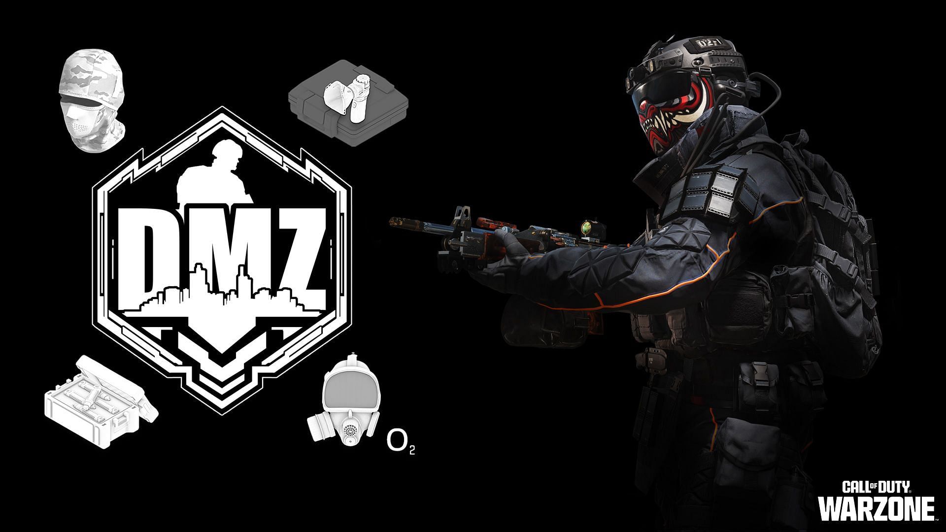 An Operator on the right with a weapon faced toward the icons of the new Field Upgrades in Season 5 of Warzone 2 DMZ. The icons listed are for Disguised Field Upgrade, Battle Revive, Self-Revive Box, and Scuba Gas Mask, surrounding a DMZ logo placed in the center. 