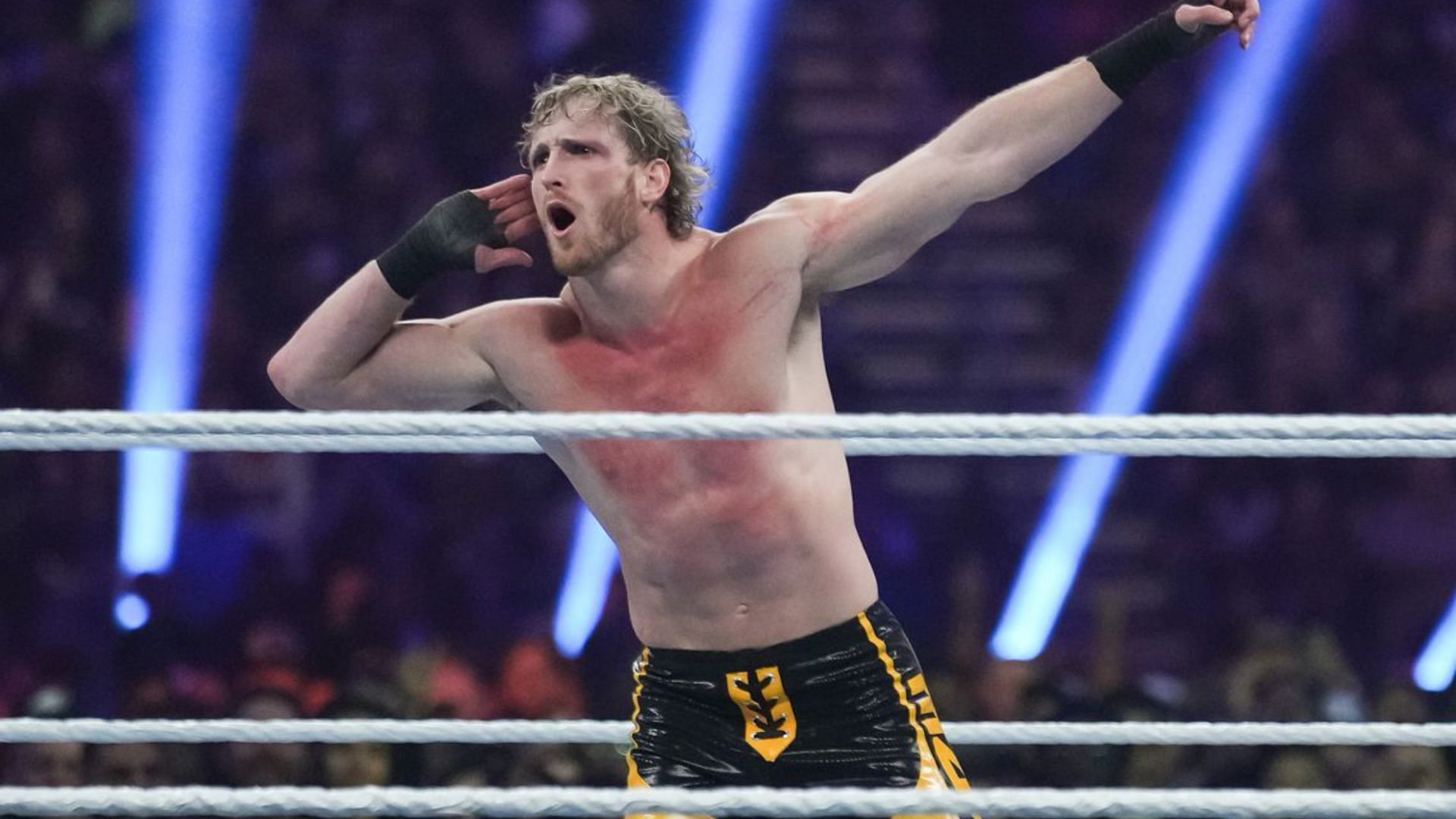 Logan Paul works the crowd at a WWE event.