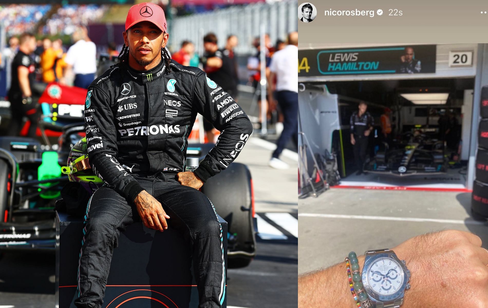 Lewis Hamilton and the infamous Nico Rosberg curse. Both pictures taken from Twitter. 