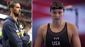 Michael Phelps congratulates Katie Ledecky after she equals his record at World Aquatics Championships