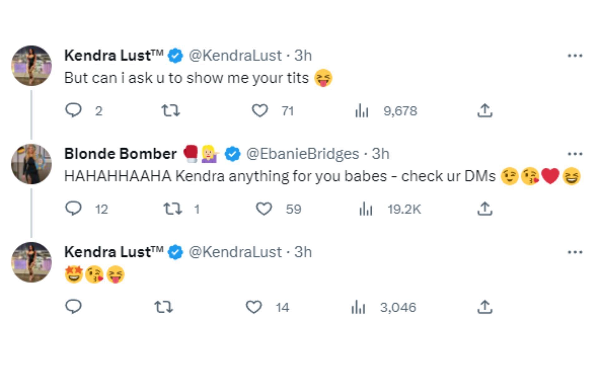 Kendra Lust and Ebanie Bridges&#039; interaction on Twitter