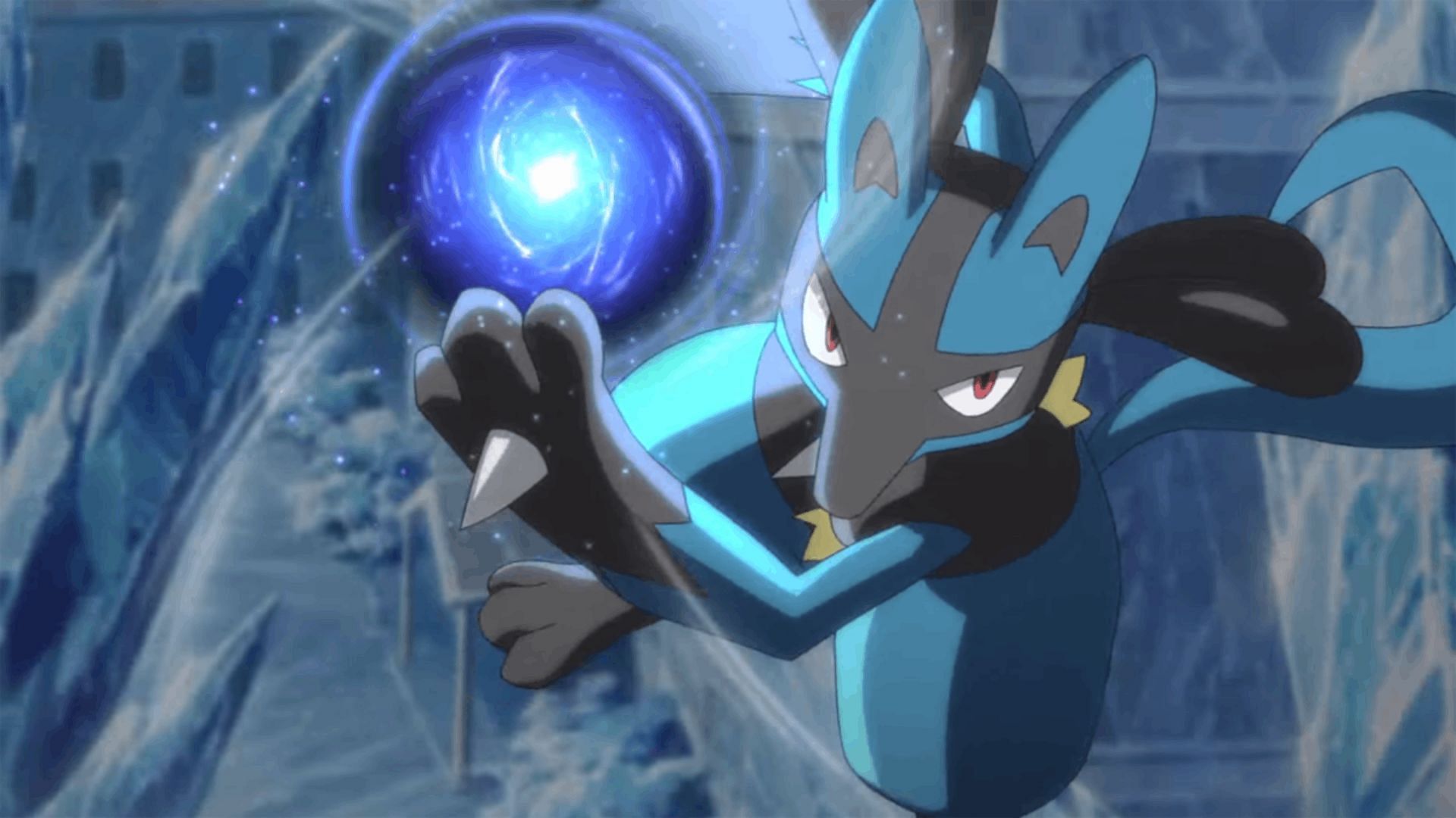 Lucario using Aura Sphere in the anime (Image via The Pokemon Company)