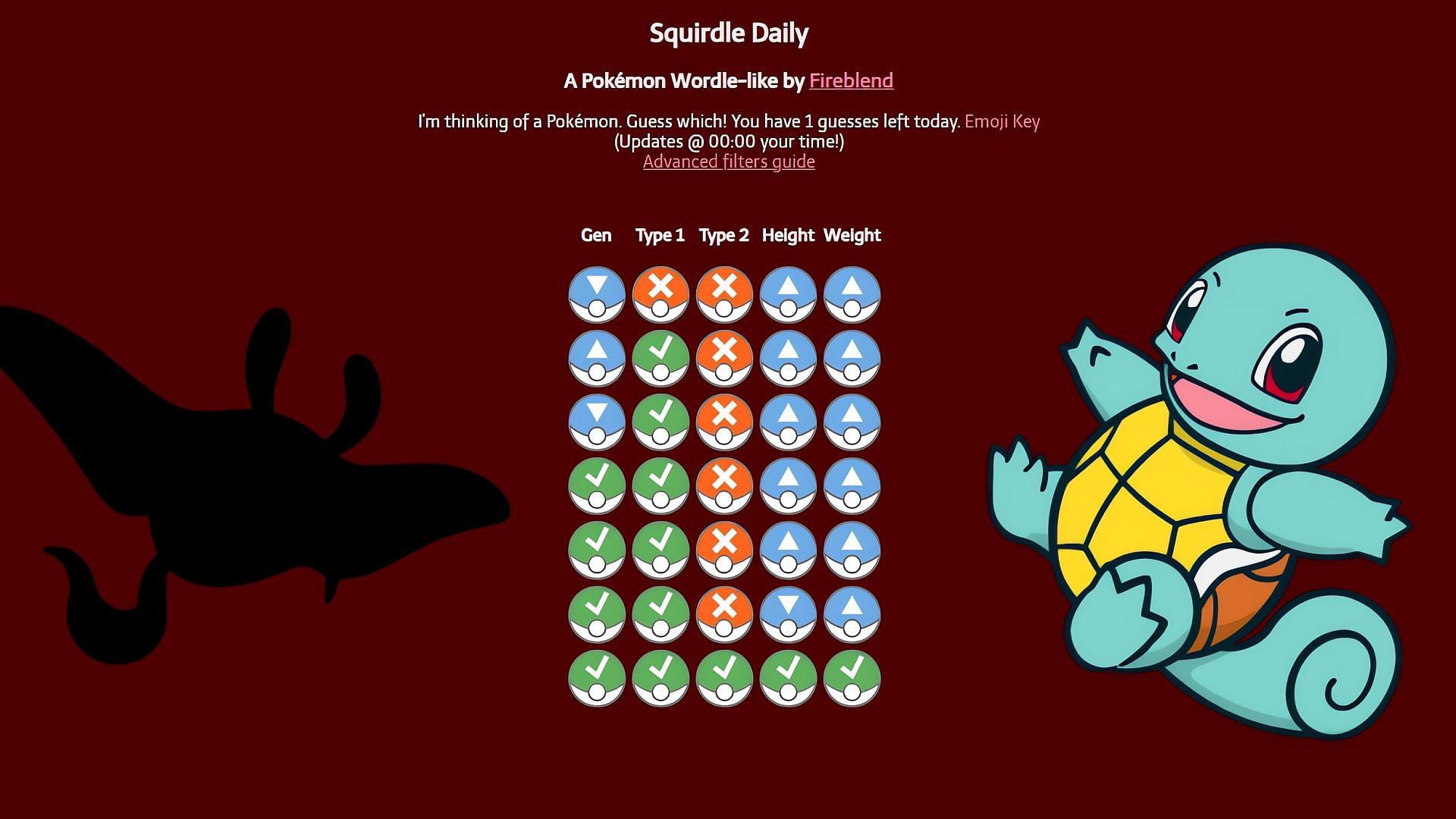 Squirdle is a Pokemon word game where players deduce the identity of a given species.