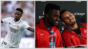 Frances Tiafoe and Nick Kyrgios celebrate Real Madrid's win at Club Friendlies with Vini Jr
