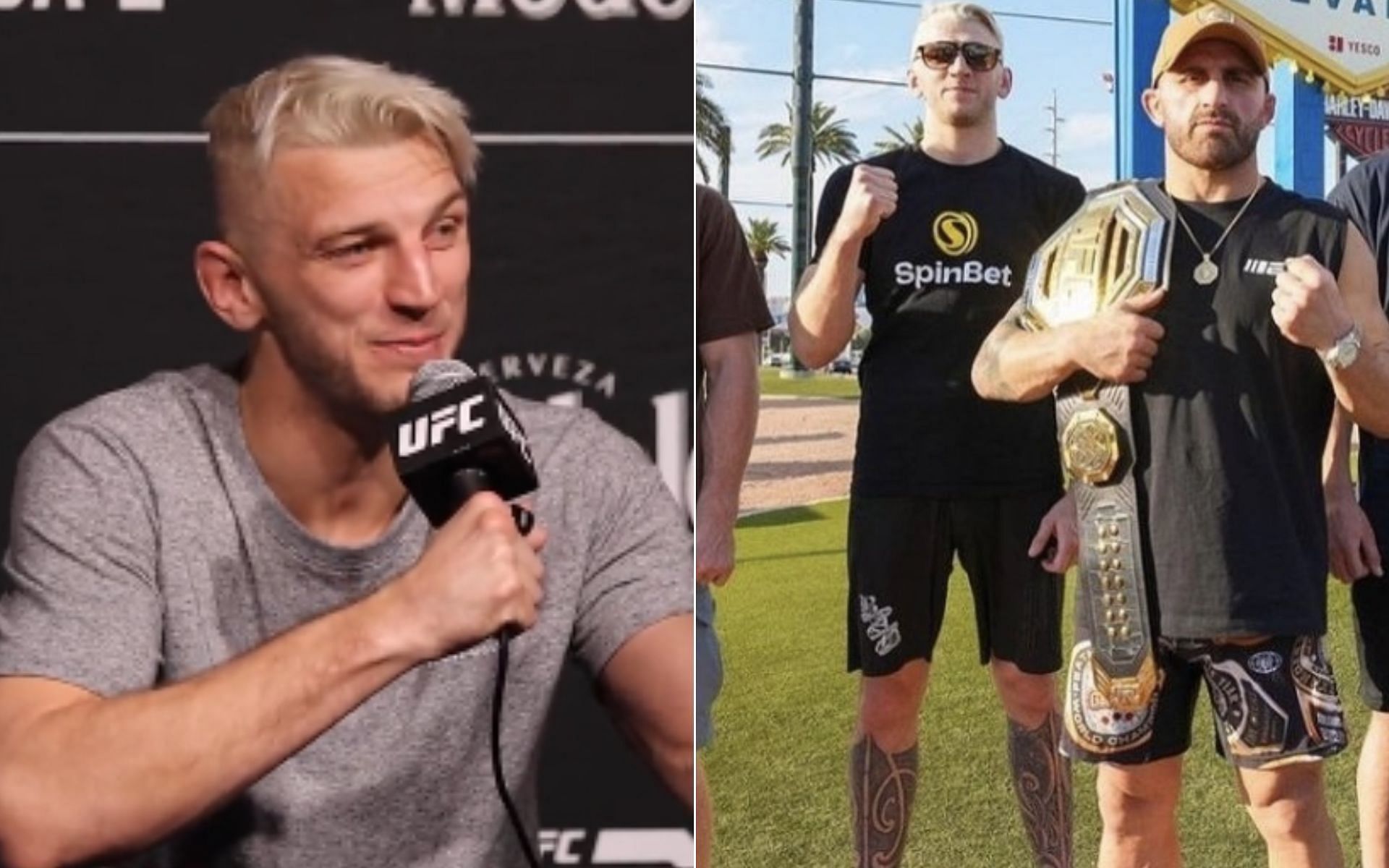 Dan Hooker [Left], and Dan Hooker with new tattoos and Alexander Volkanovski [Right] [Photo credit: @mmamania  and @HomelanderMMA - Twitter]