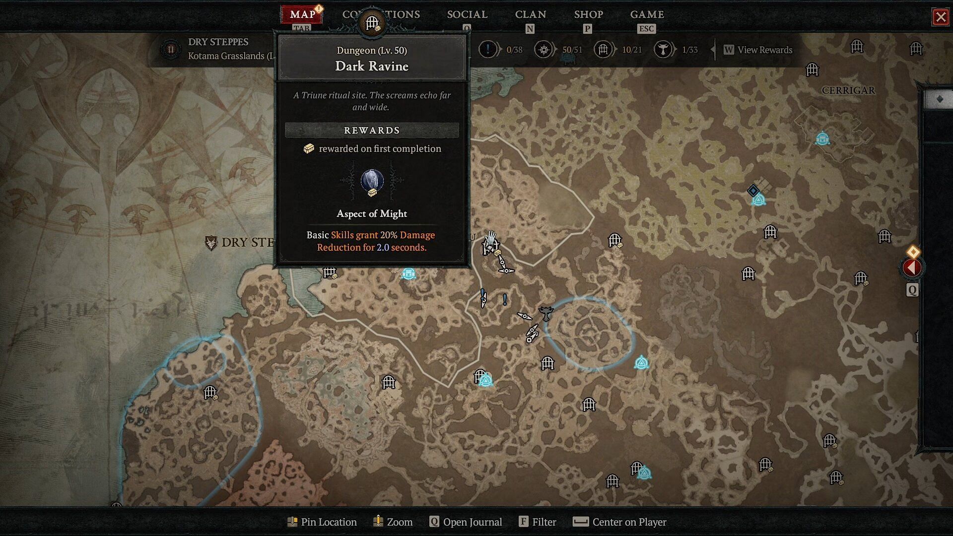 The location of Dark Ravine dungeon (Image via Blizzard Entertainment)