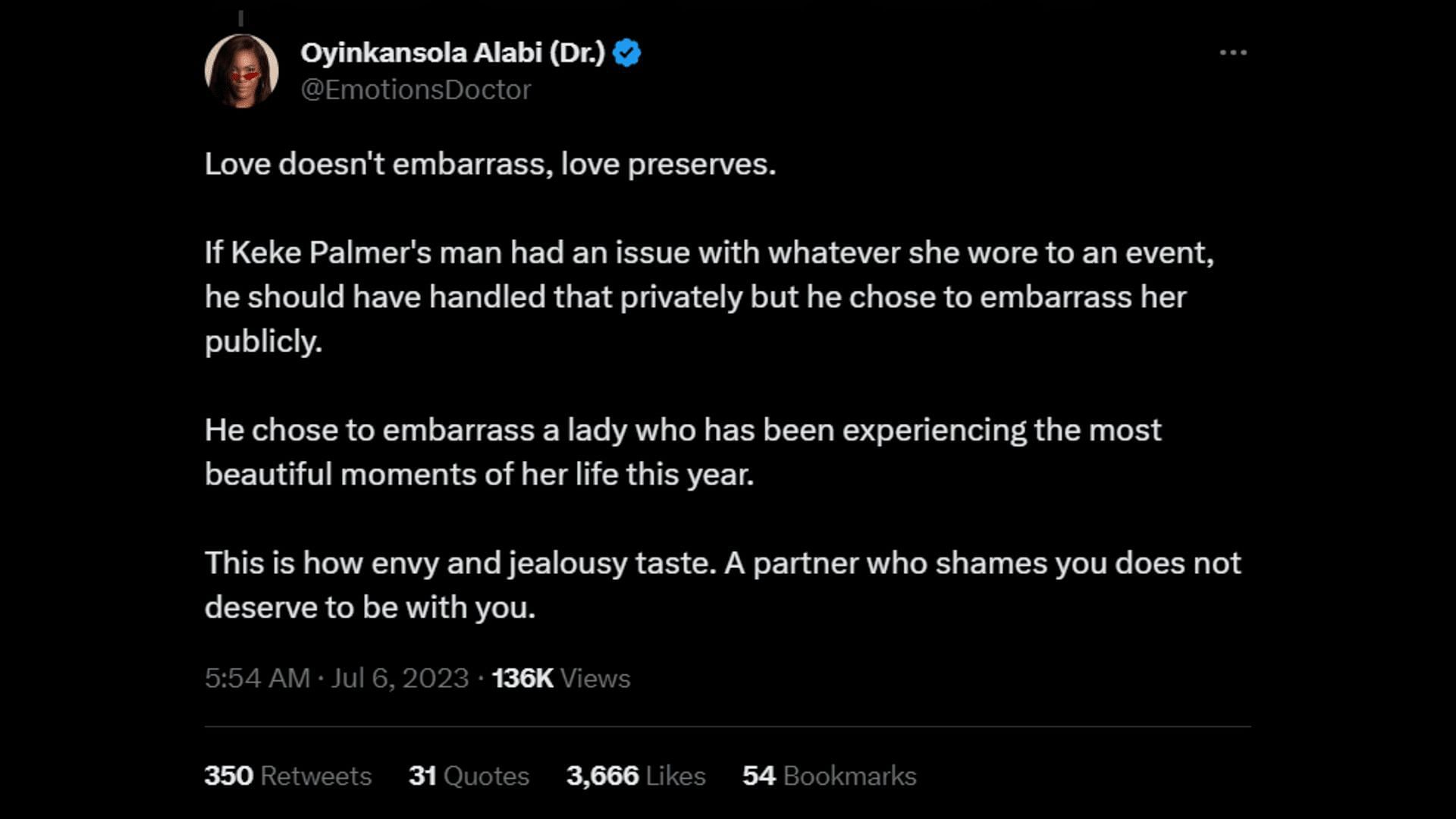 A tweet clarifying how a partner who shames you publicly does not deserve to be with you in reference to the Palmer-Jackson issue. (Image via Twitter/Oyinkansola Alabi (Dr.)