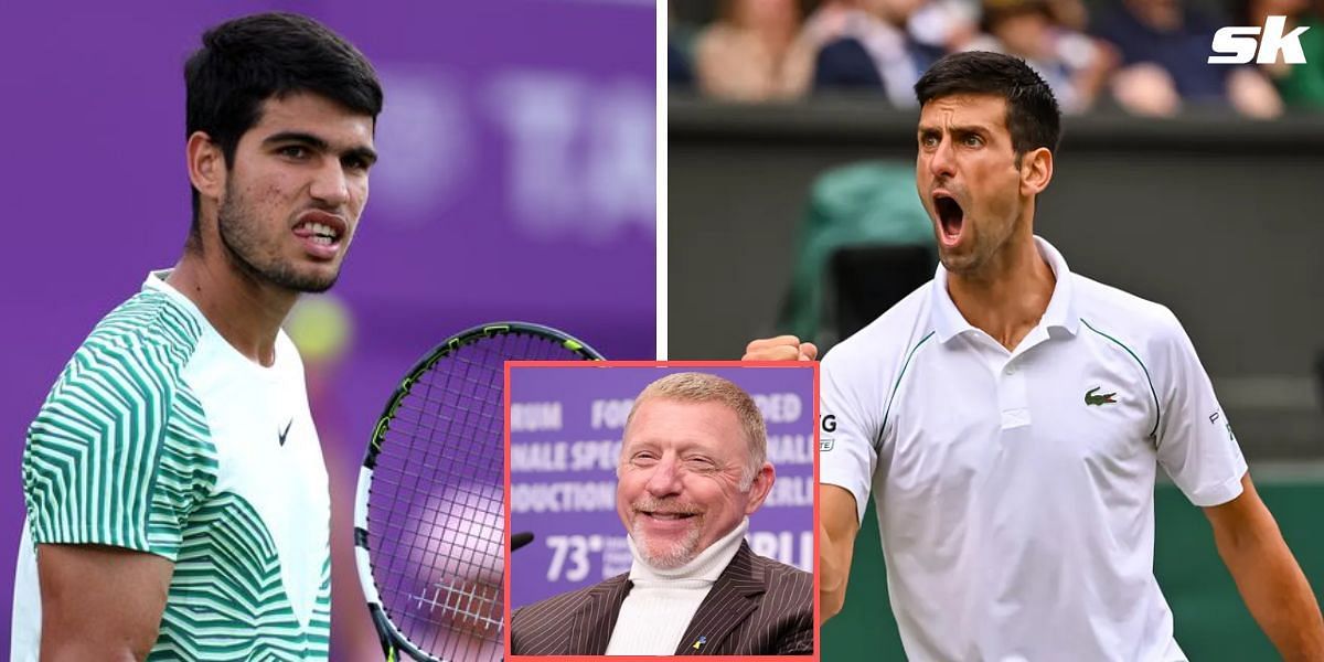 Carlos Alcaraz (left), Boris Becker (center), and Novak Djokovic (right)