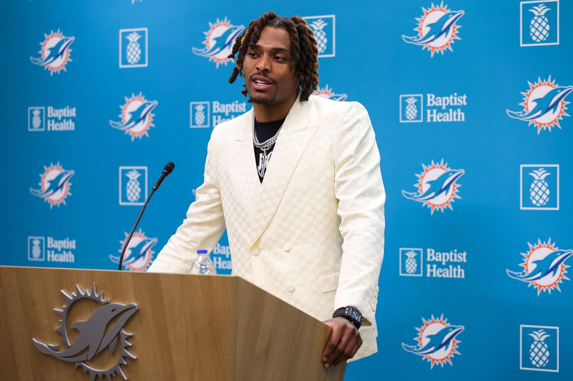 Miami Dolphins cornerback Jalen Ramsey looks on before speaking to