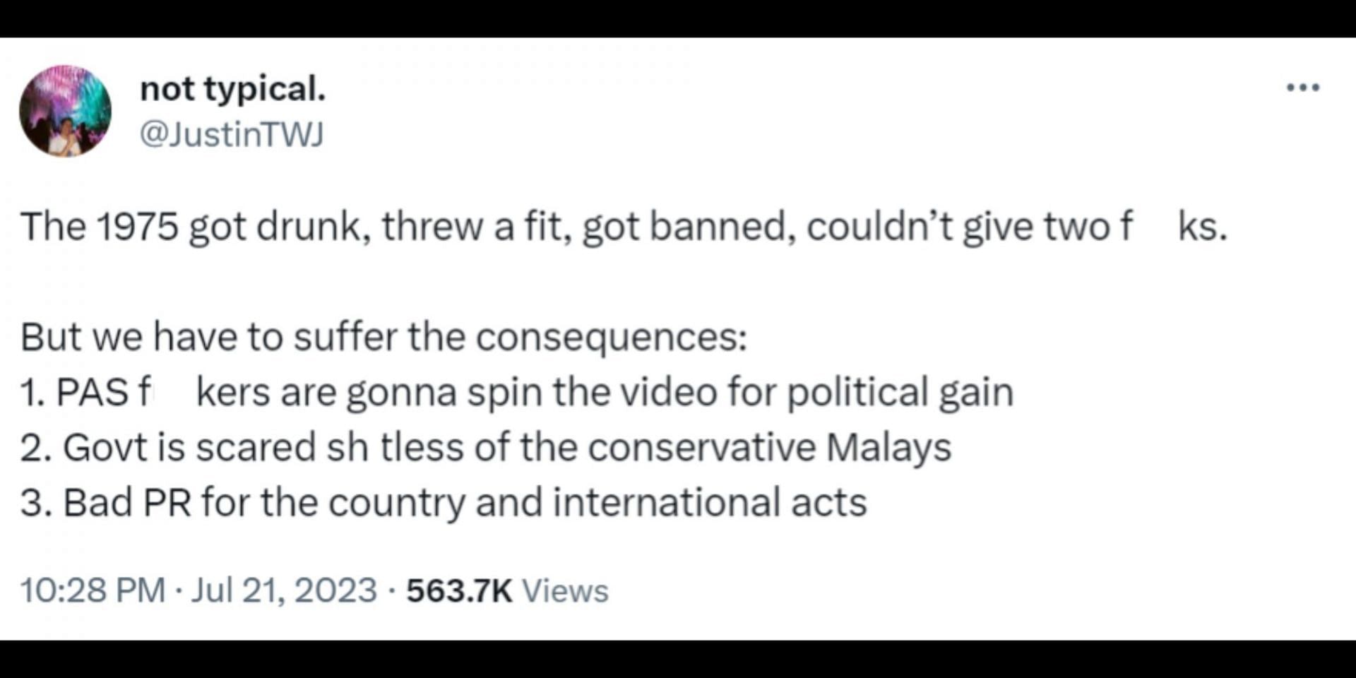 The 1975 garners backlash from netizens following their ban from Kuala Lumpur. (Image via Twitter/@JustinTWJ)