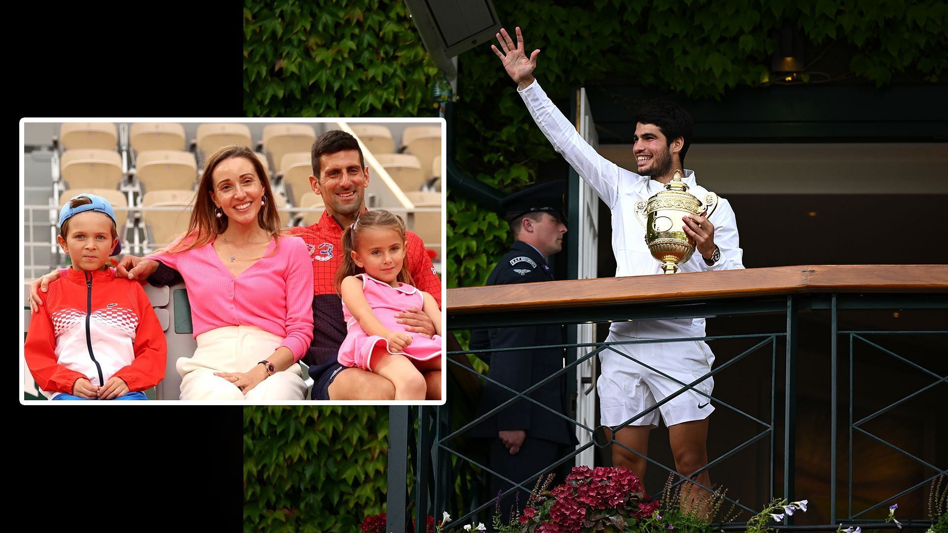 Carlos Alcaraz and Novak Djokovic with his wife Jelena, son Stefan and daughter Tara (inset)