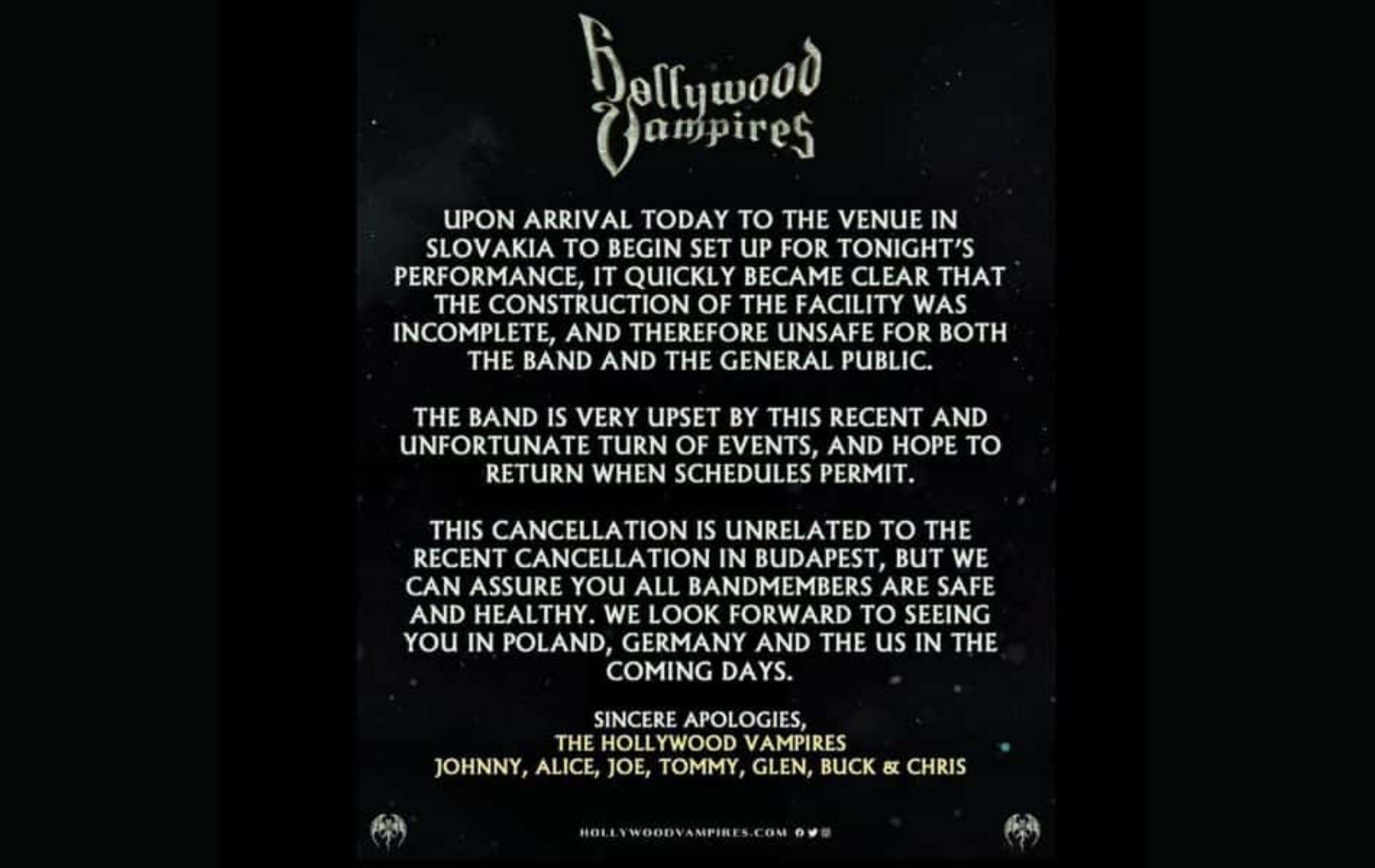 Hollywood Vampires issued a formal apology post due to the cancellation of the show (Image via Disney Dining)