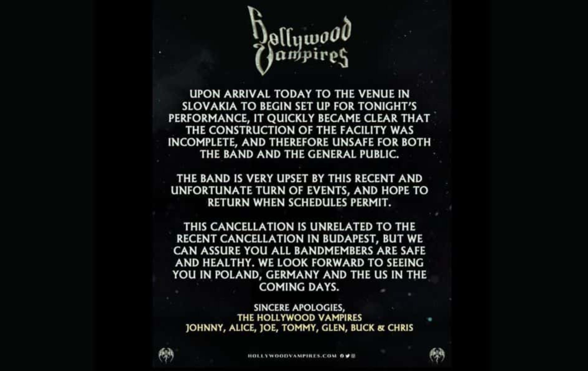 Hollywood Vampires issued a formal apology post due to the cancellation of the show (Image via Disney Dining)