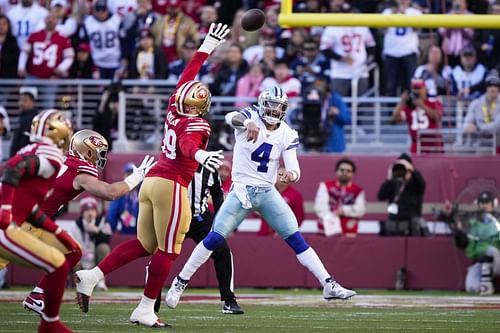 Dak Prescott throws against the San Francisco 49ers in the playoffs last season.