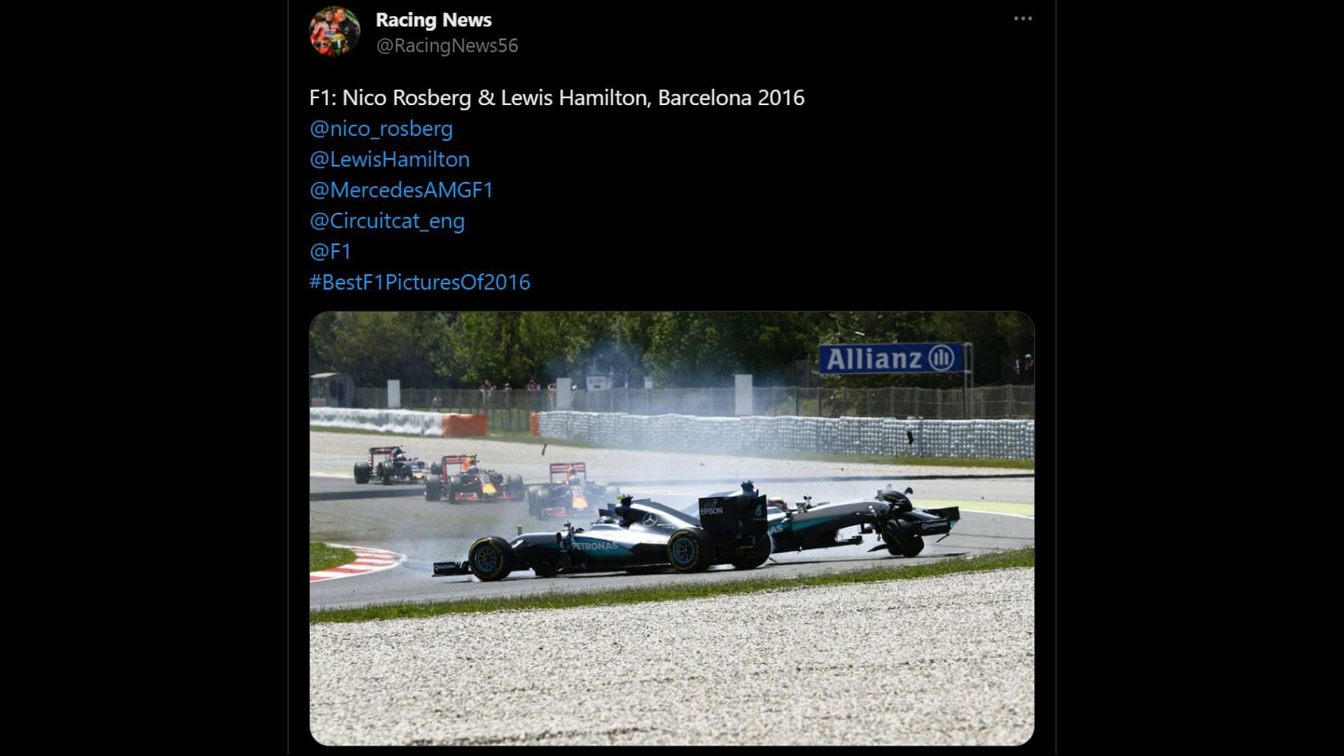 Tweet showcasing a picture of Nico Rosberg and Lewis Hamilton&#039;s crash in the 2016 F1 Spanish Grand Prix (Image via Sportskeeda)