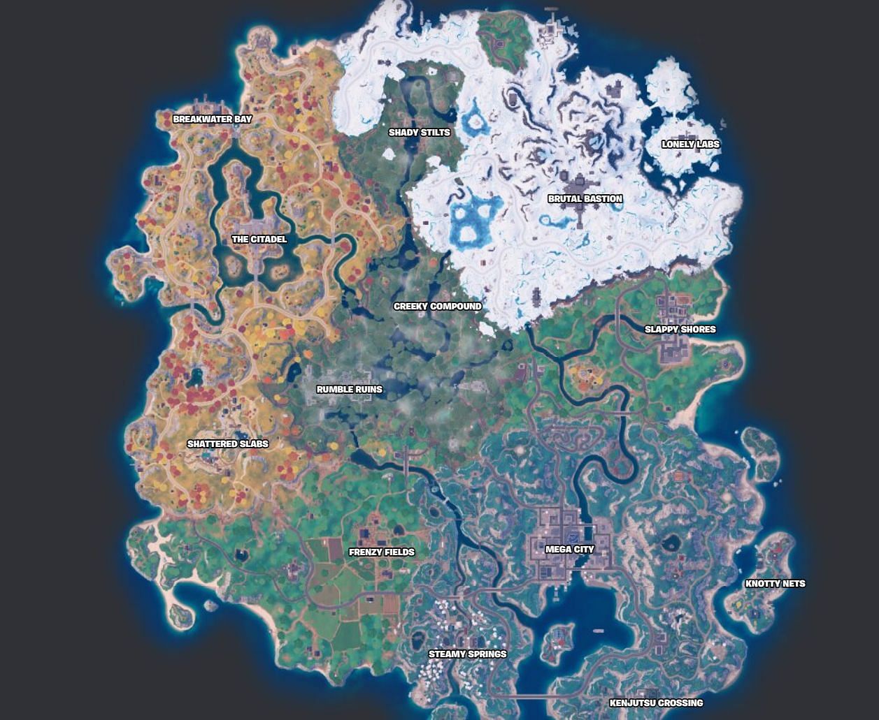 All Named Locations in Chapter 4 Season 3 (Image via Fortnite.GG)