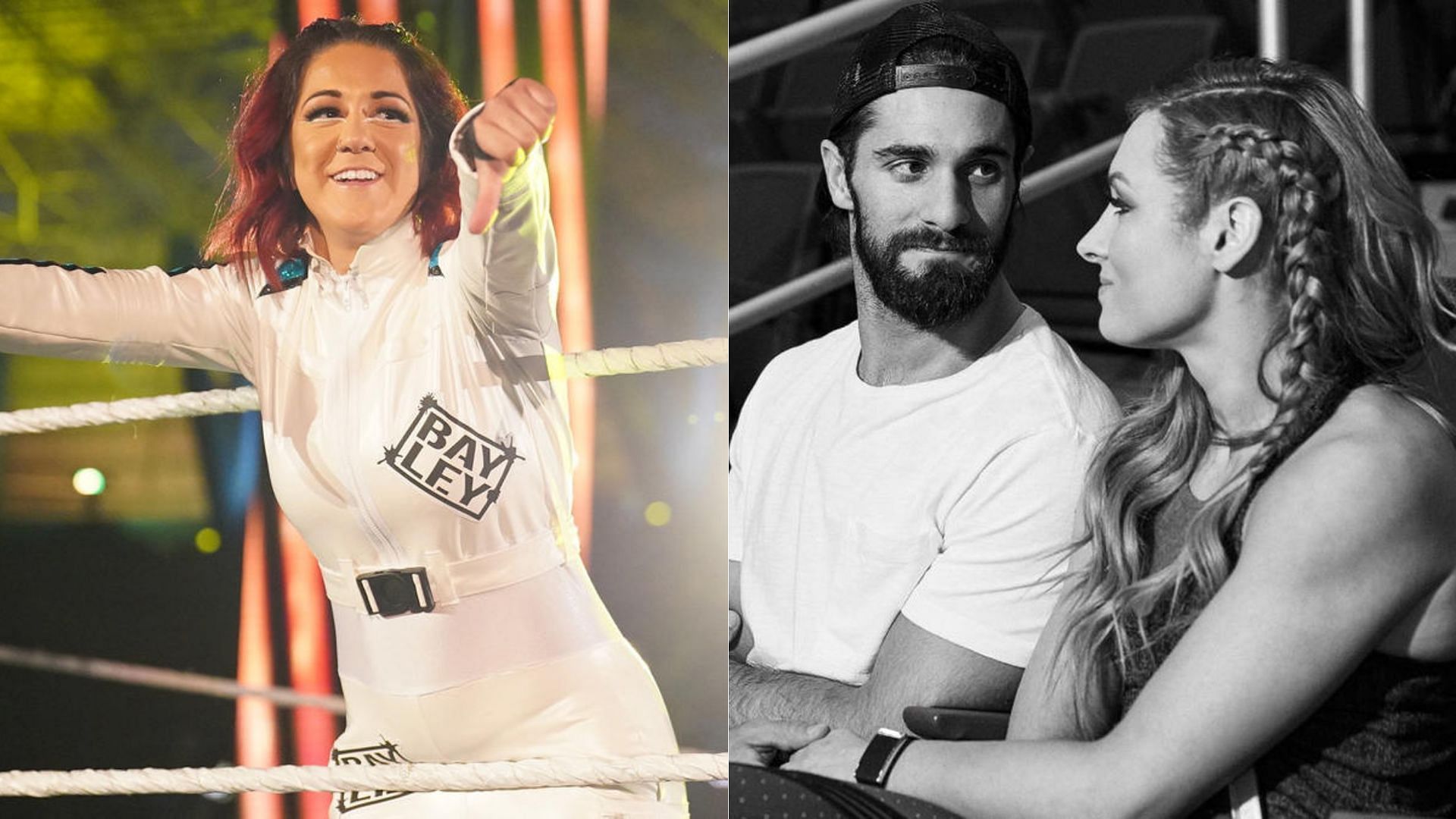 Bayley (left); Seth Rollins and Becky Lynch (right)