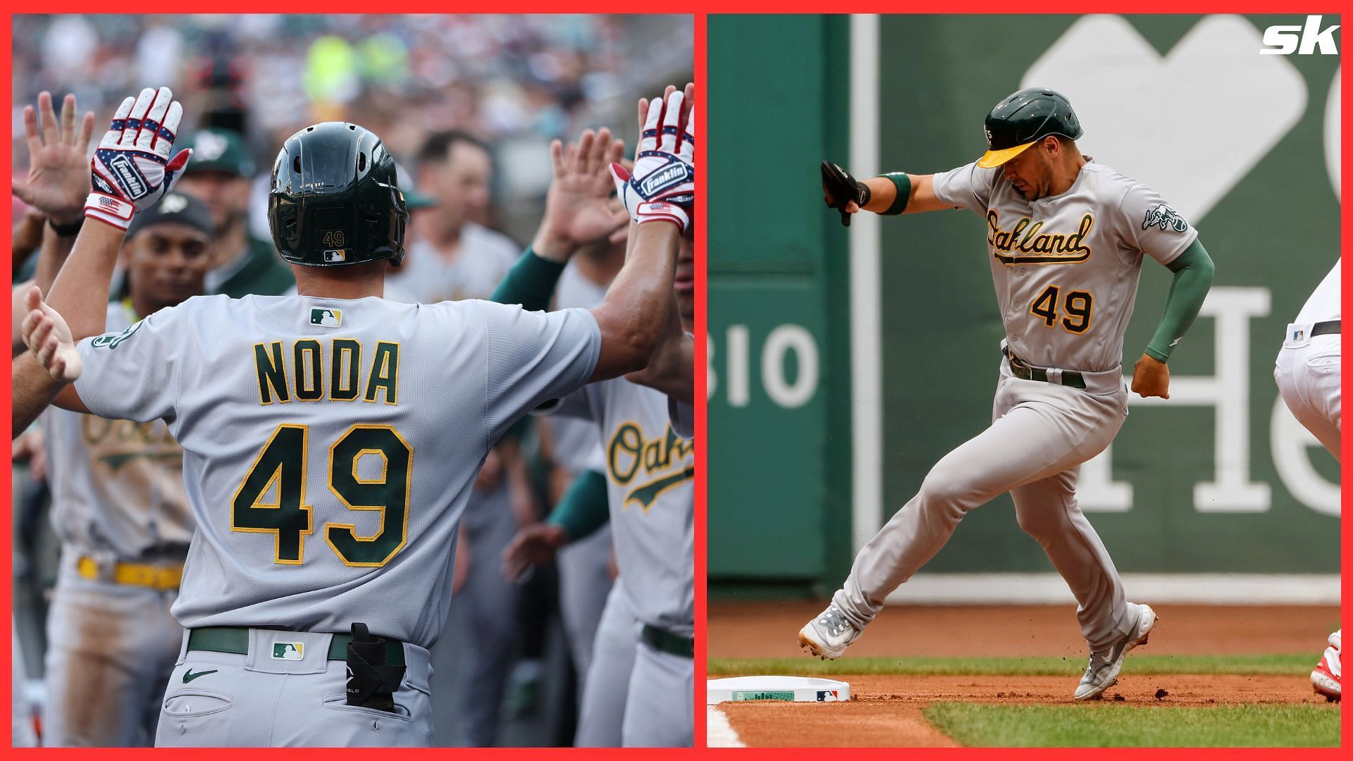 Ryan Noda of the Oakland Athletics rounds third base against the Boston Red Sox