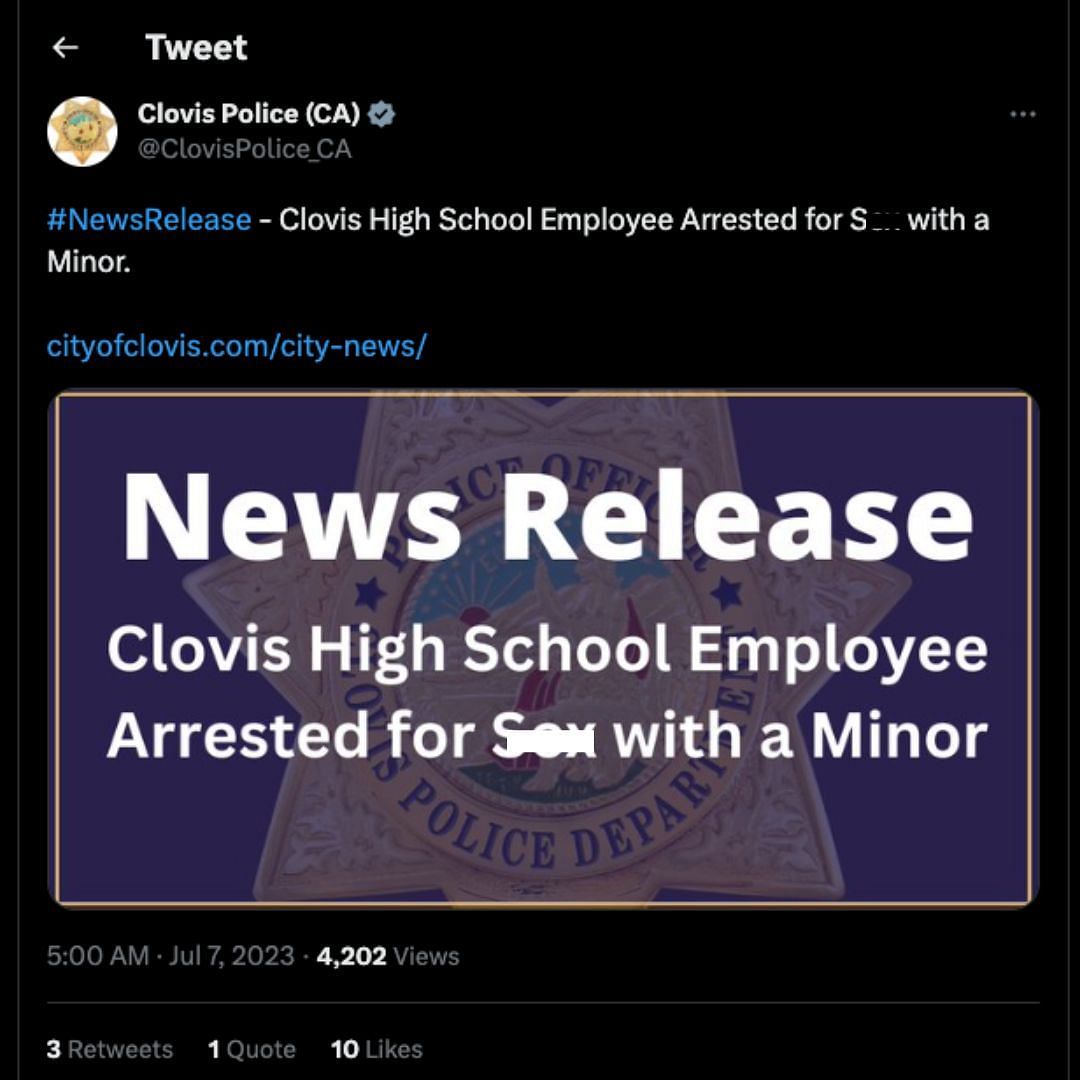 Clovis police arrested high school teacher for exploiting a minor (Image via Twitter/@ClovisPolice_CA)