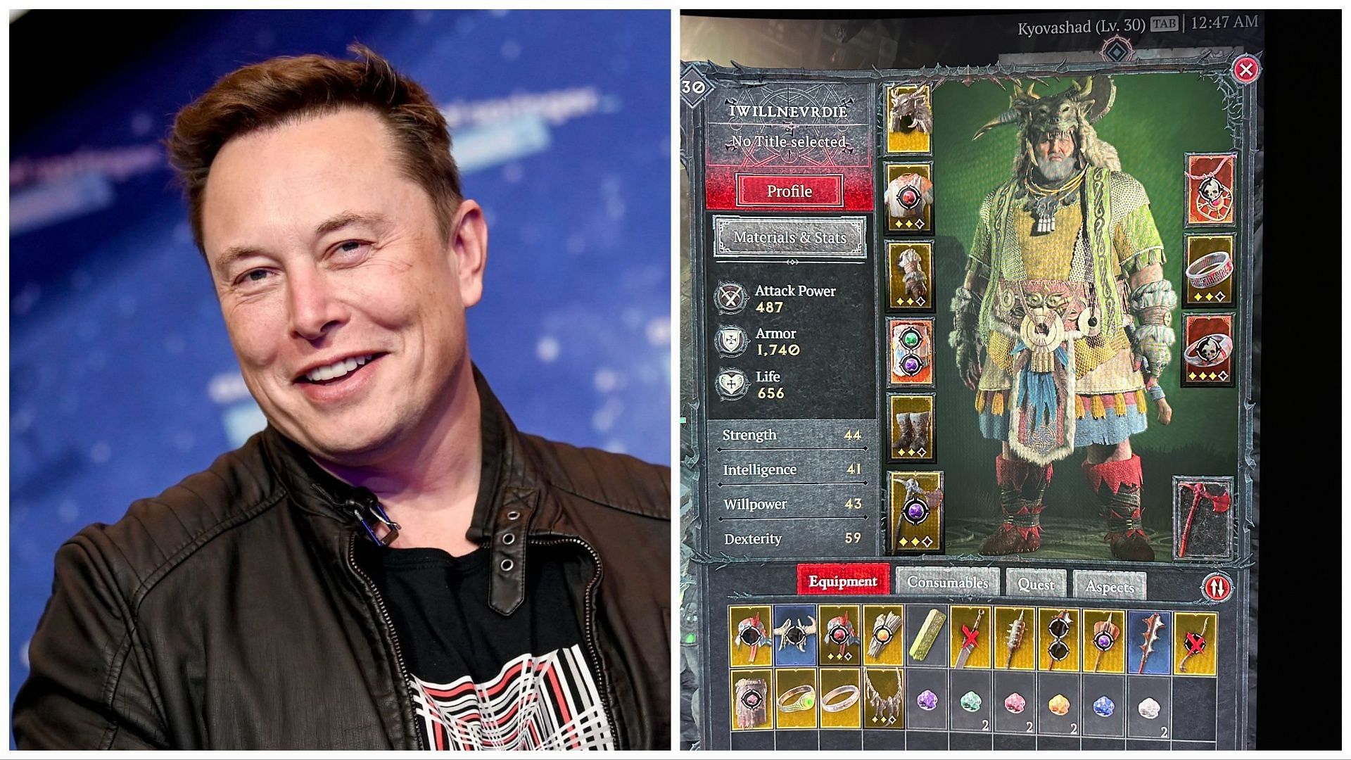 Elon Musk plays as a Druid in Diablo 4 with the name &quot;IWillNevrDie&quot;.
