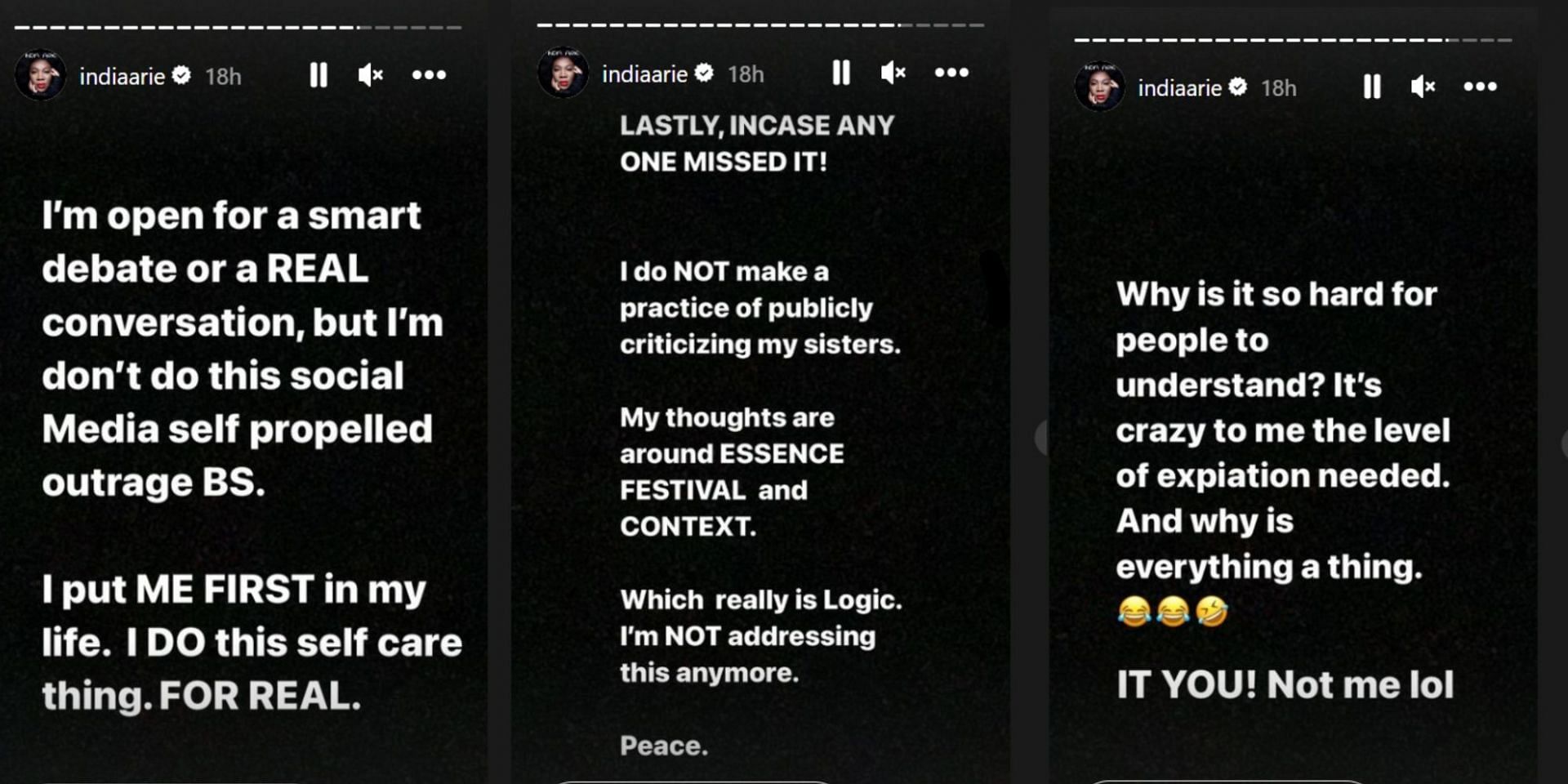 India&#039;s clarification about her comment on Megan and Janelle at the ESSENCE Fest. (Image via Instagram/@indiaarie)