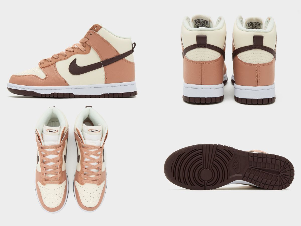 The upcoming Nike Dunk High &quot;Dusted Clay&quot; sneakers will be released exclusively in women&#039;s sizes (Images via Sportskeeda)