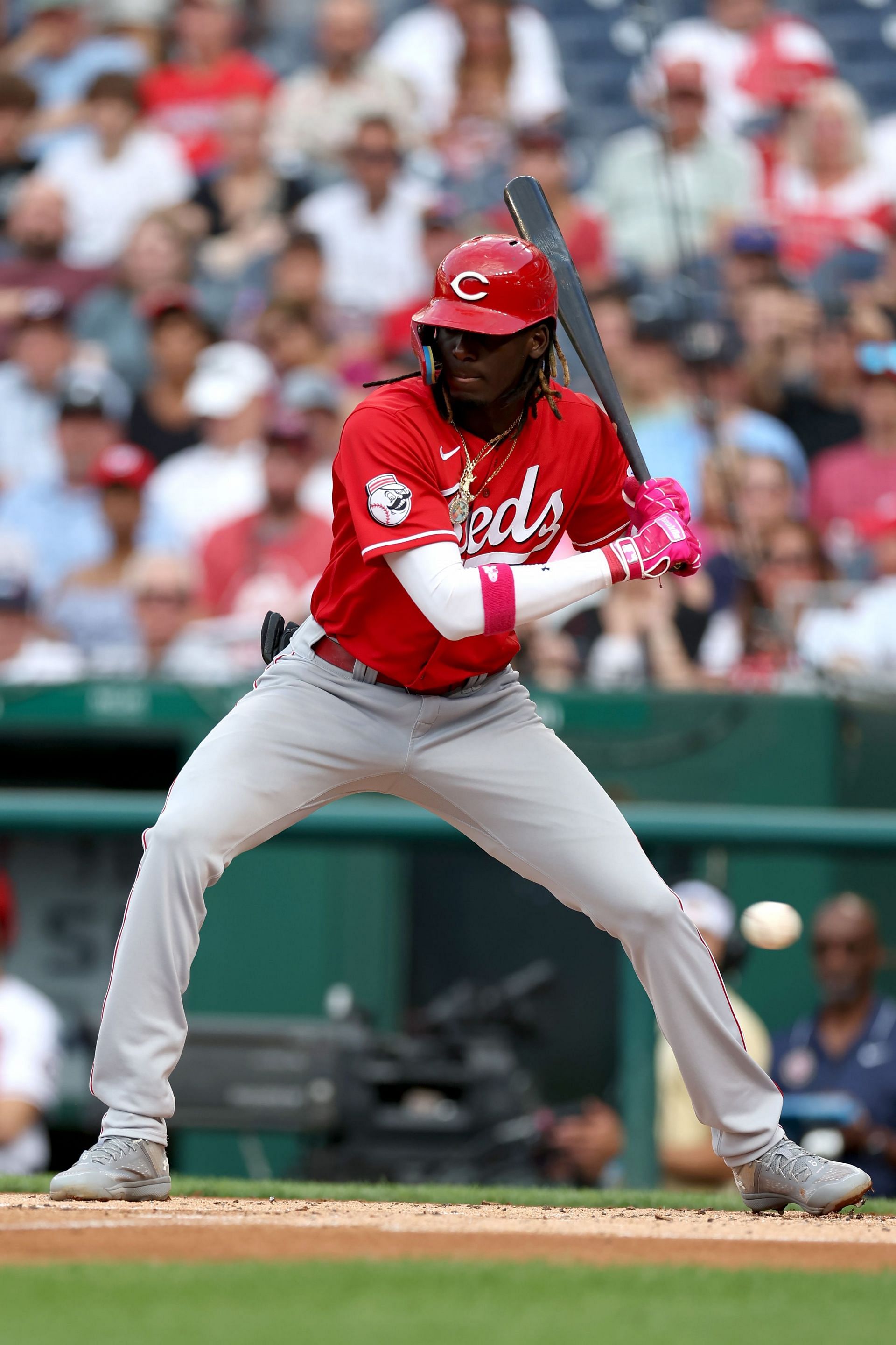 De La Cruz #44 of the Cincinnati Reds bats against the Washington Nationals in the second inning at Nationals Park on July 05, 2023 in Washington, DC. (Photo by Rob Carr/Getty Images)