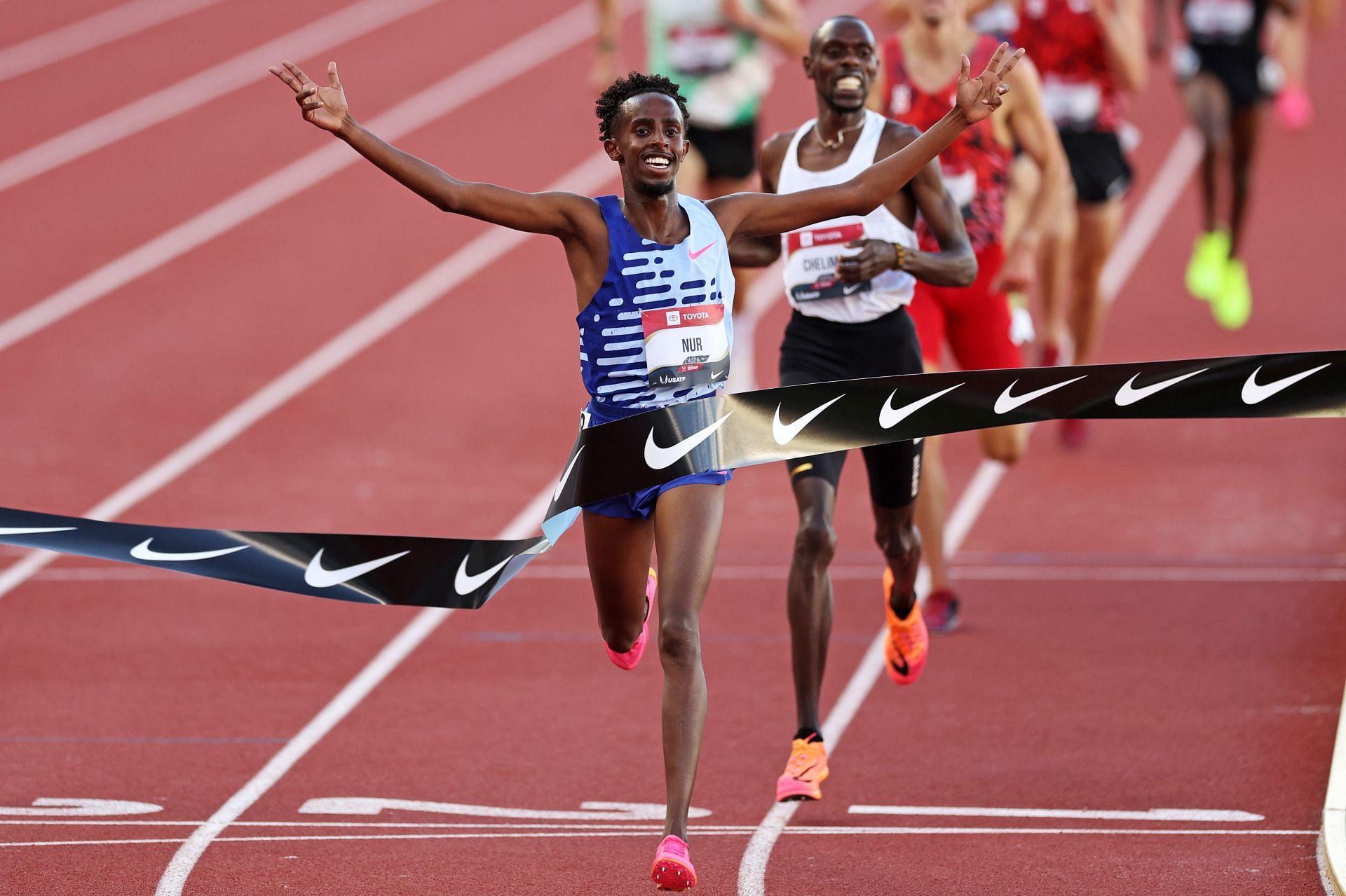 Abdihamid Nur celebrates winning the Men&#039;s 5000m during the 2023 USA Track and Field Outdoor Championships