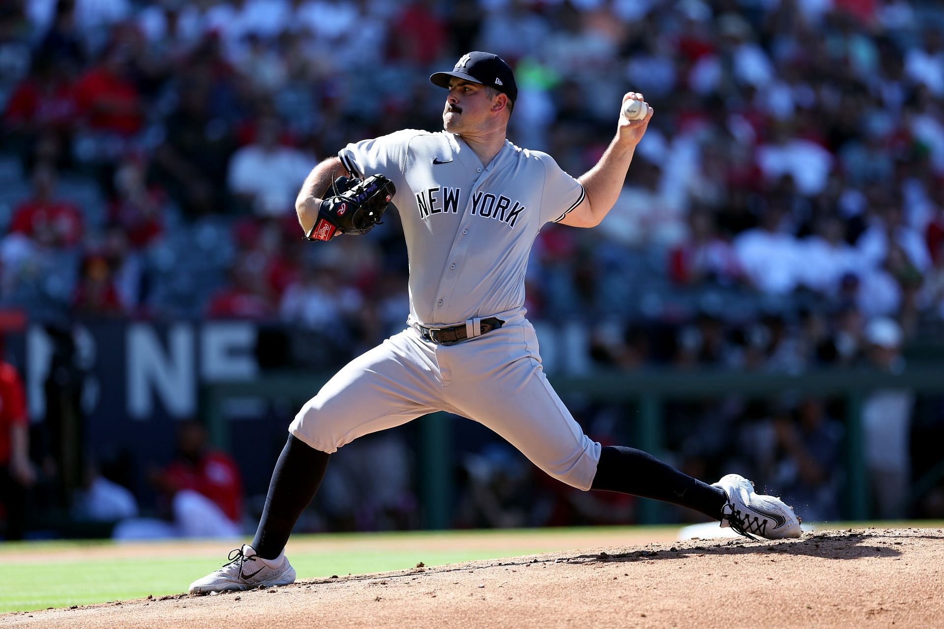 Carlos Rodon of the New York Yankees pitches against the Los Angeles Angels at Angel Stadium of Anaheim