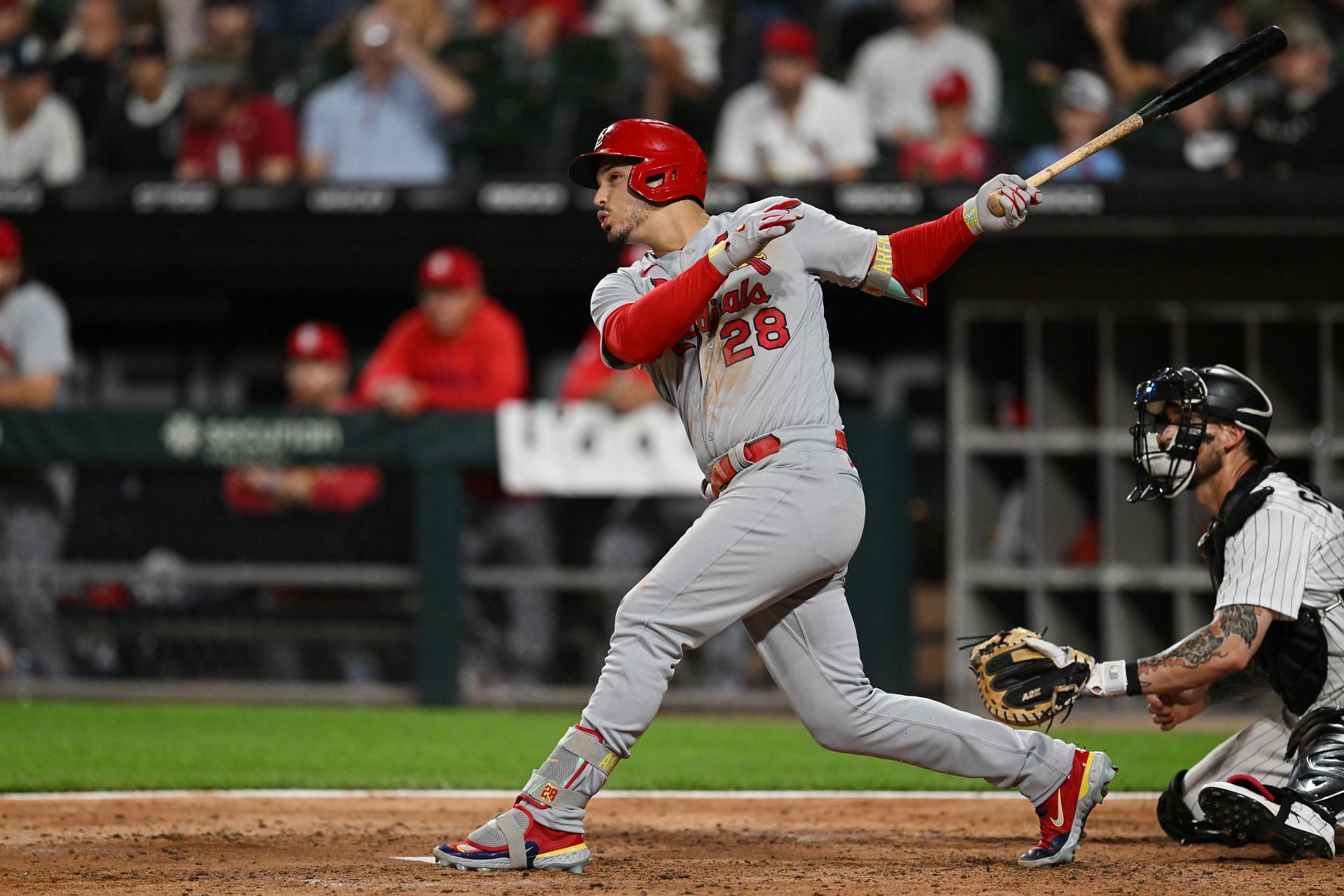 Nolan Arenado of the St. Louis Cardinals hits a home run against the Chicago White Sox at Guaranteed Rate Field