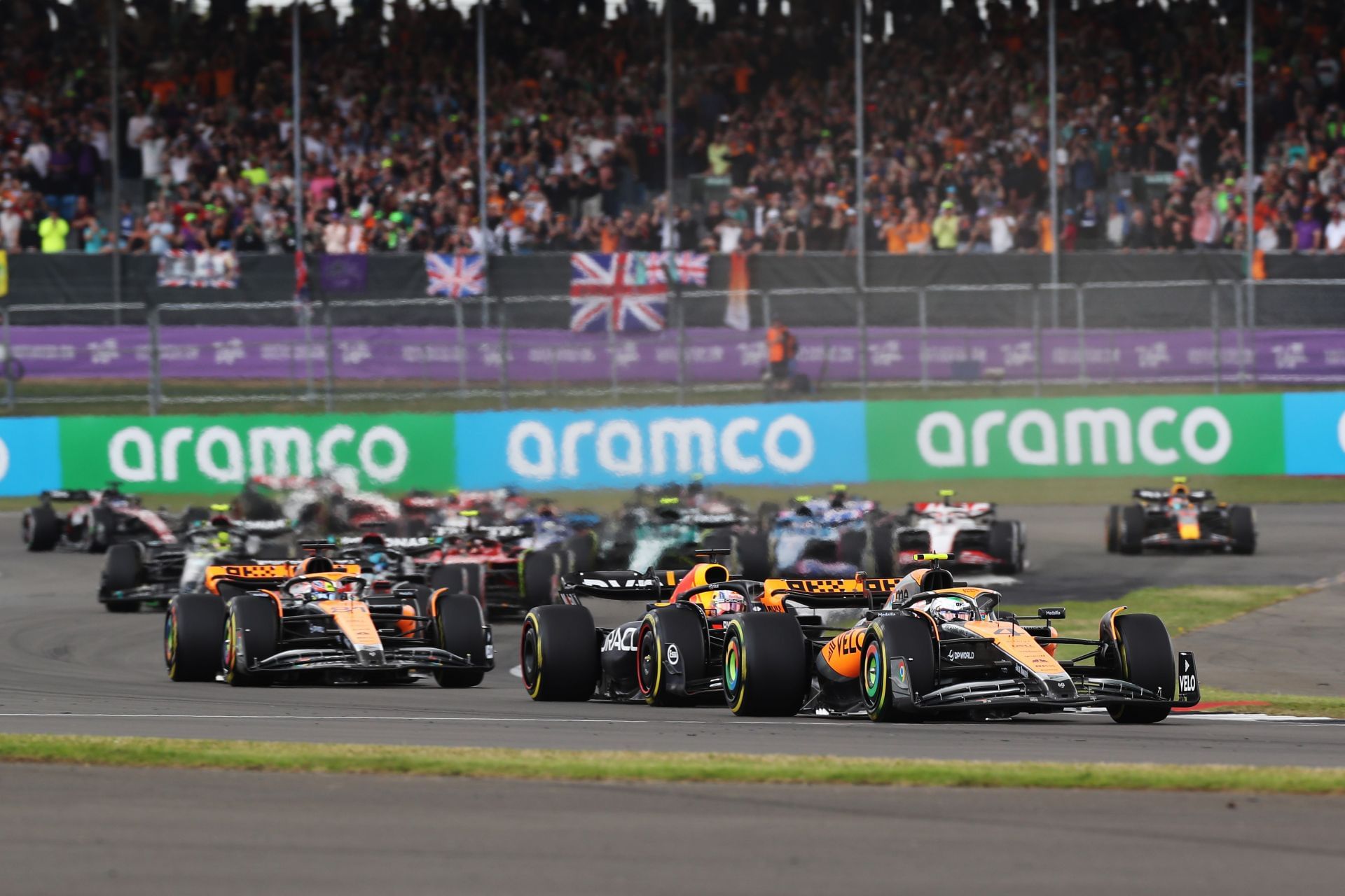 Lando Norris leads the 2023 British Grand Prix for Max Verstappen (Photo by Peter Fox/Getty Images)