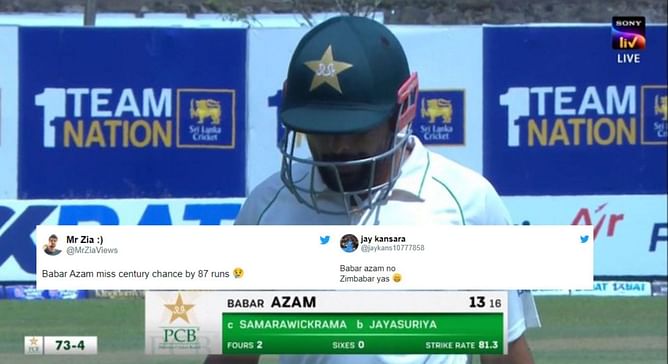 "Babar Azam missed century chance by 87 runs" - Twitterati roast Pakistan captain for scoring 13 off 16 in 1st innings of SL vs PAK Galle Test