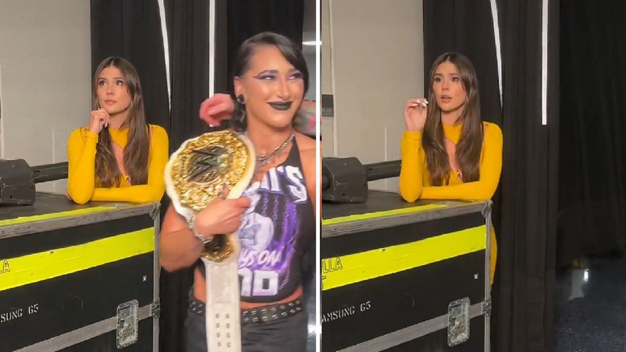Kelley notices Rhea Ripley and Dominik walking together backstage