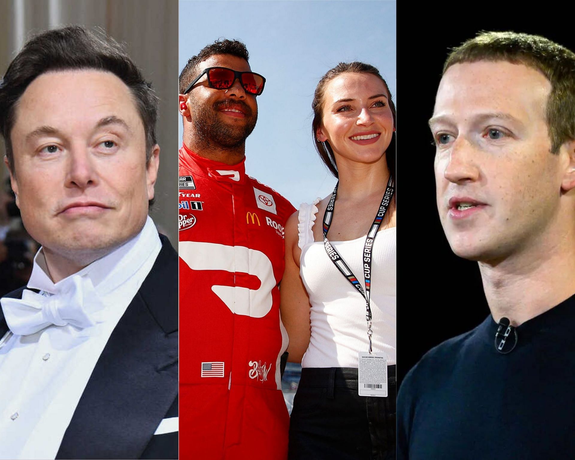 (L-R) Elon Musk, Bubba Wallace, Amanda Carter, Mark Zuckerberg