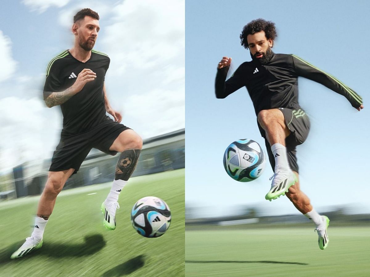 Here&#039;s an on-foot look of the boot featuring Messi and Salah (Image via Adidas)